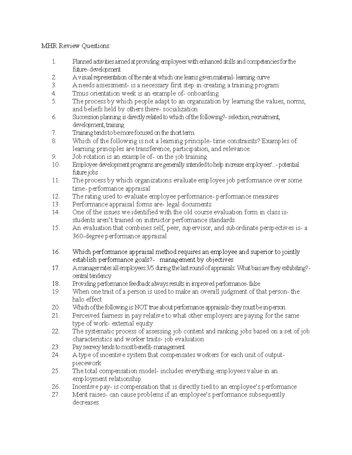 MHR 101 Review Questions for Employee Development and Performance - Studocu