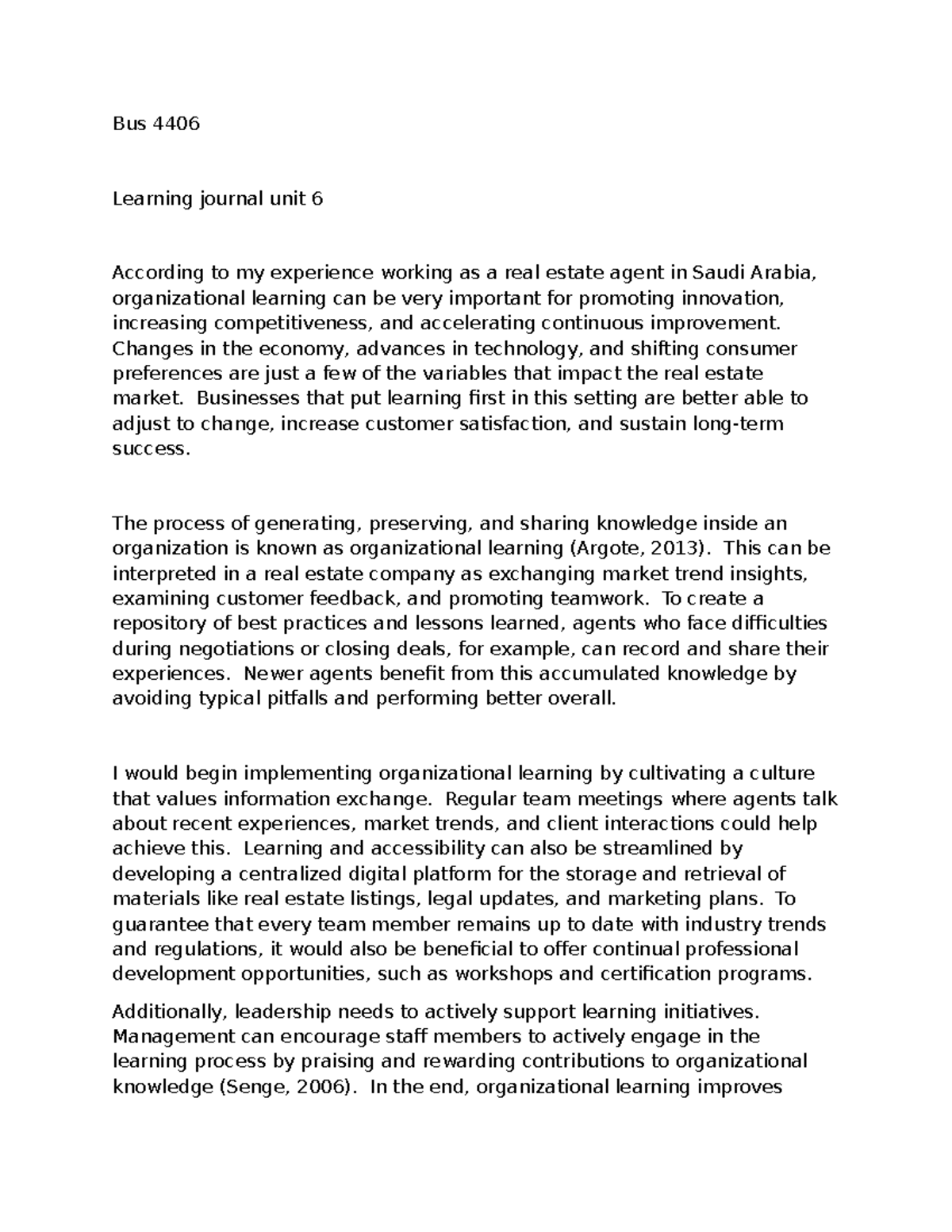 Bus 4406 Learning Journal: Unit 6 on Organizational Learning in Real ...