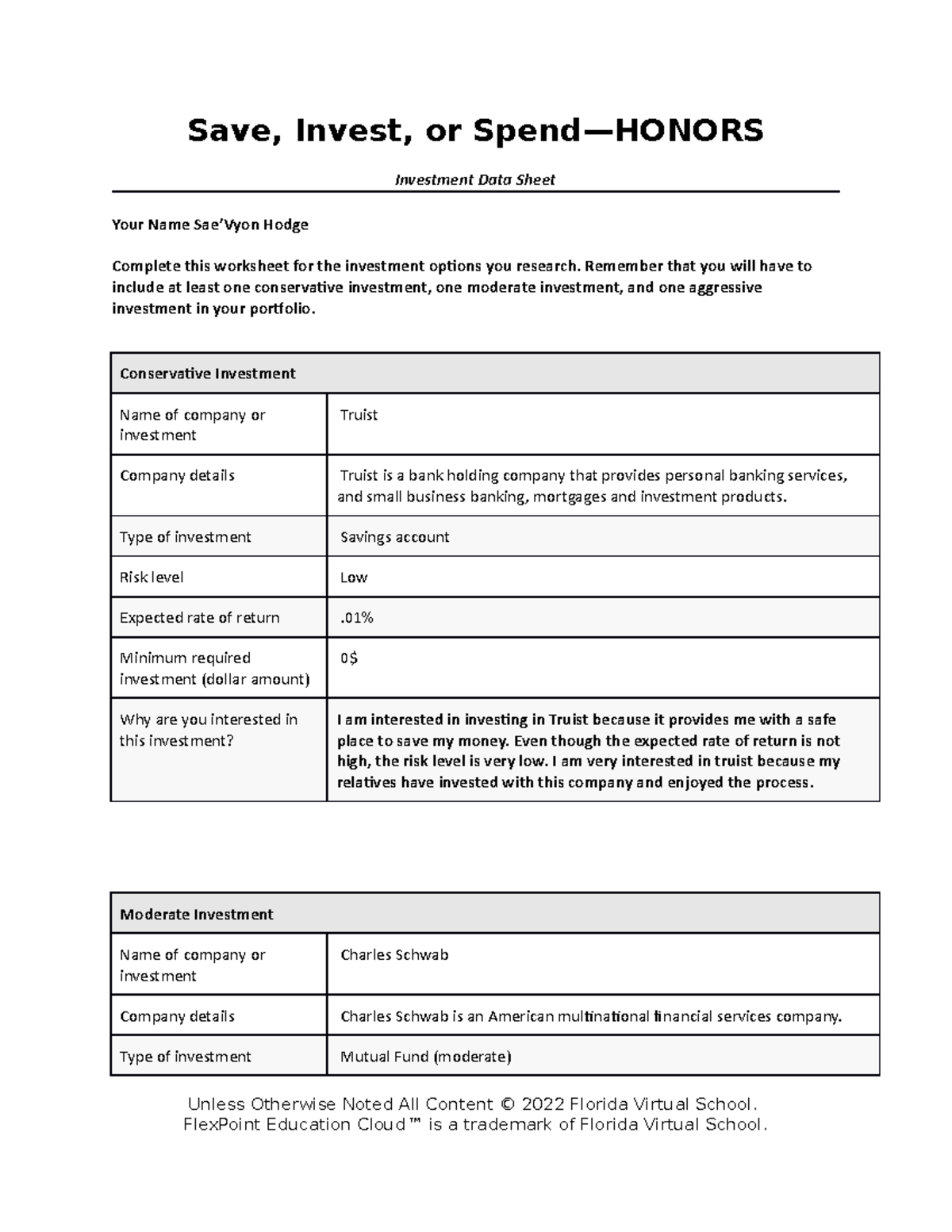 Investment Options Data Sheet - Honors Class - Studocu
