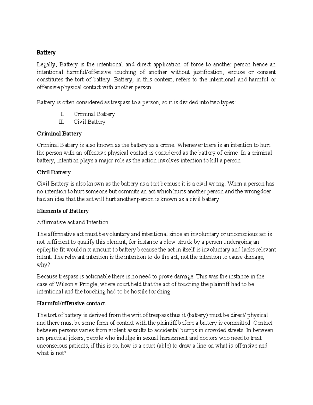 Battery assignement - criminal law - Battery Legally, Battery is the ...