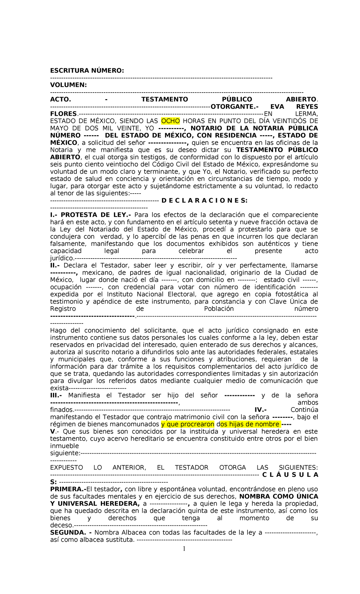 Ejemplo de Testamento Público Abierto - Notaría Estado de México - Document Preview