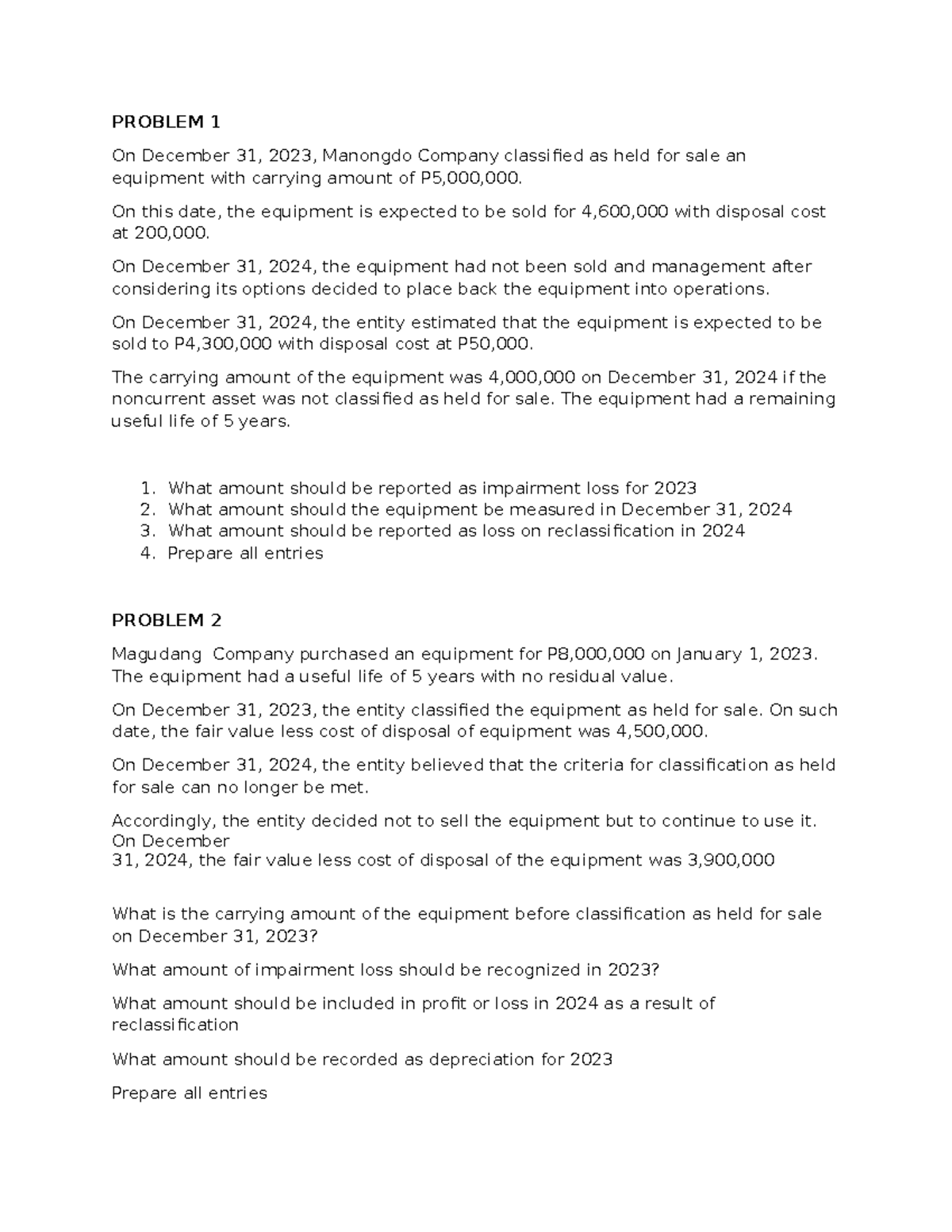 Final Exam Practice Exercise on Noncurrent Asset Reclassification and ...