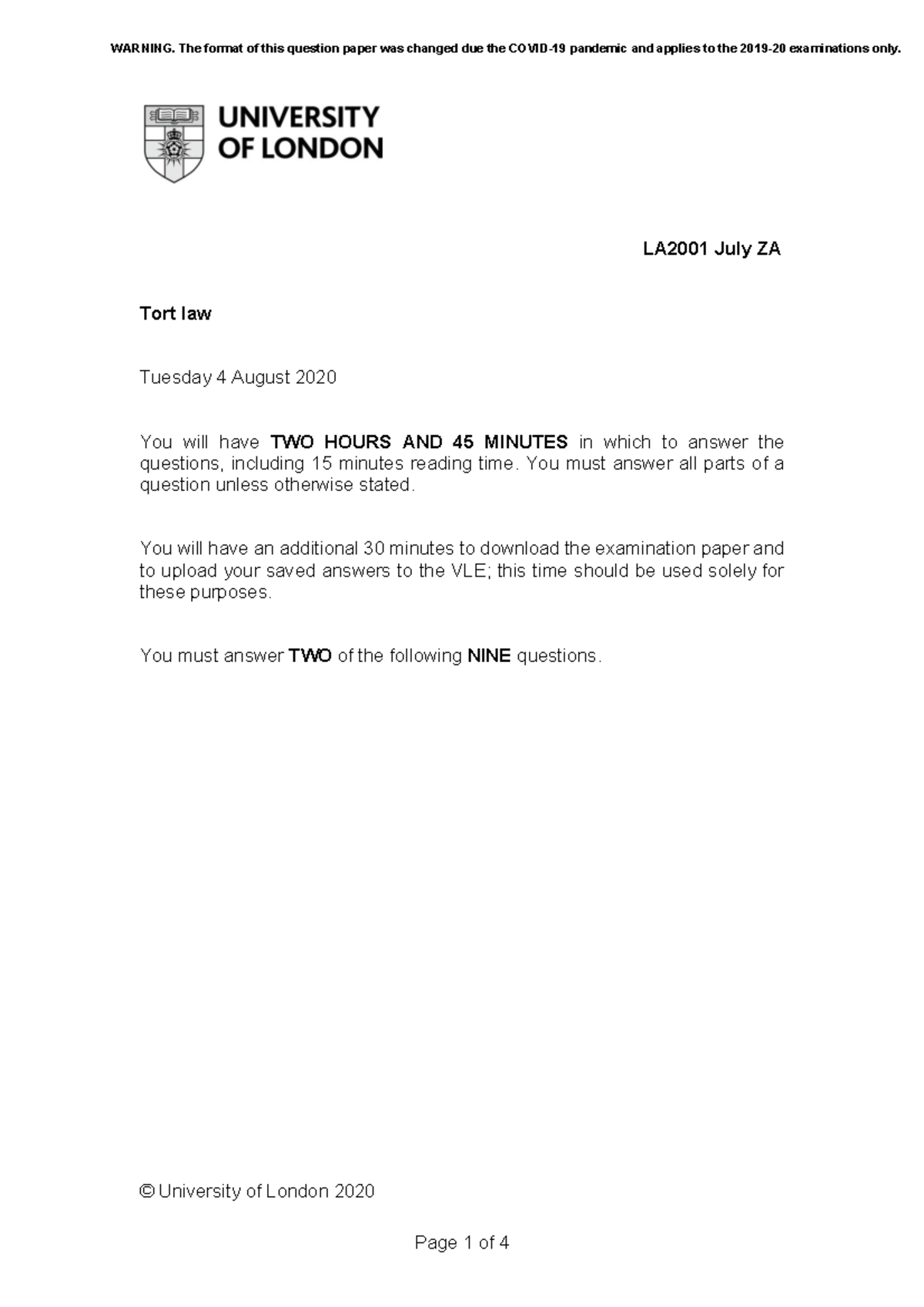 LA2001 Tort Law Final Exam Questions - August 2020 Analysis - Studocu