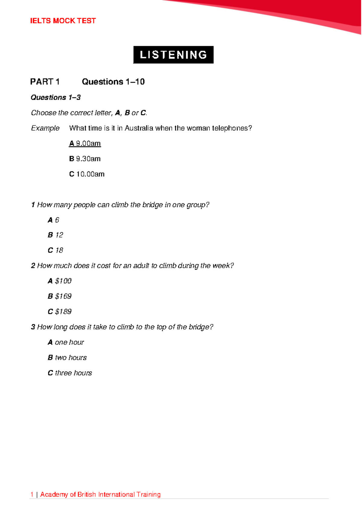 IELTS MOCK TEST PART 1 & 3 Listening Questions - Studocu