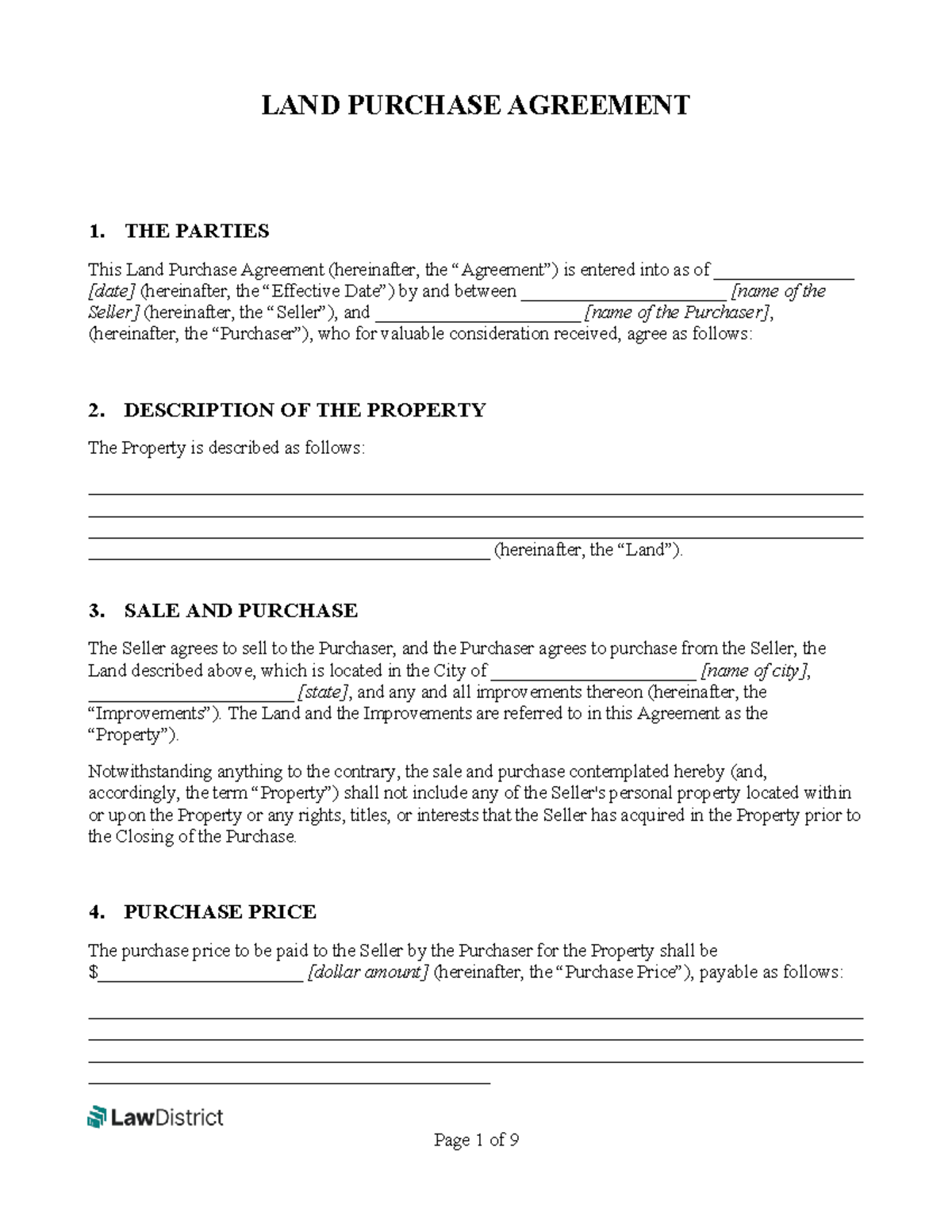Land Purchase Agreement Template - Legal Document Guide - Studocu