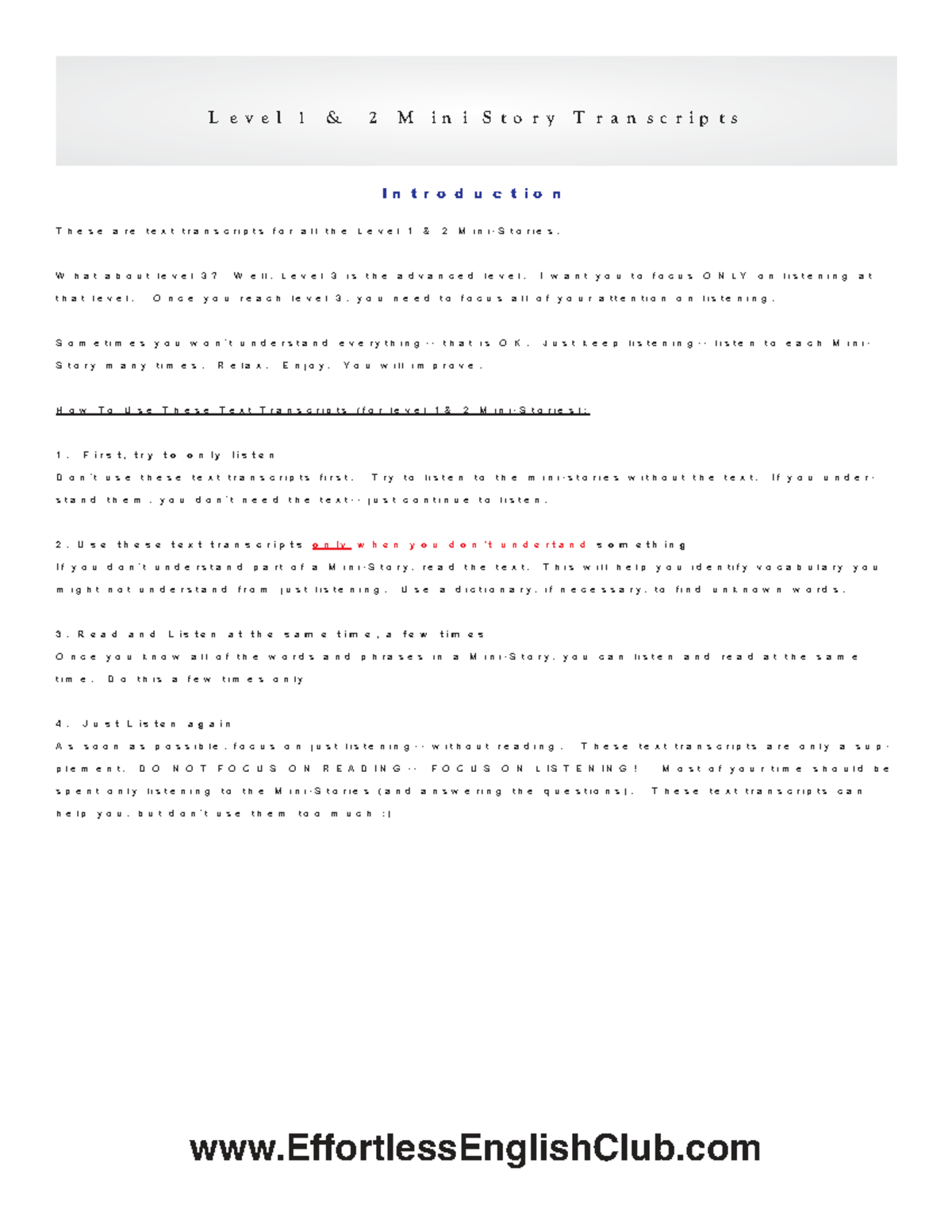 Effortless English Level 1-2 Mini Story Transcripts Guide - Studocu