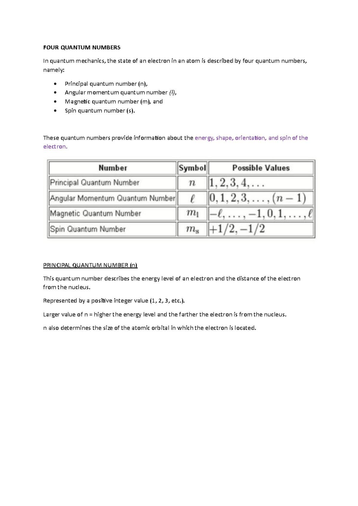 WEEK 3 Electronic Structure of Atoms - FOUR QUANTUM NUMBERS In quantum ...
