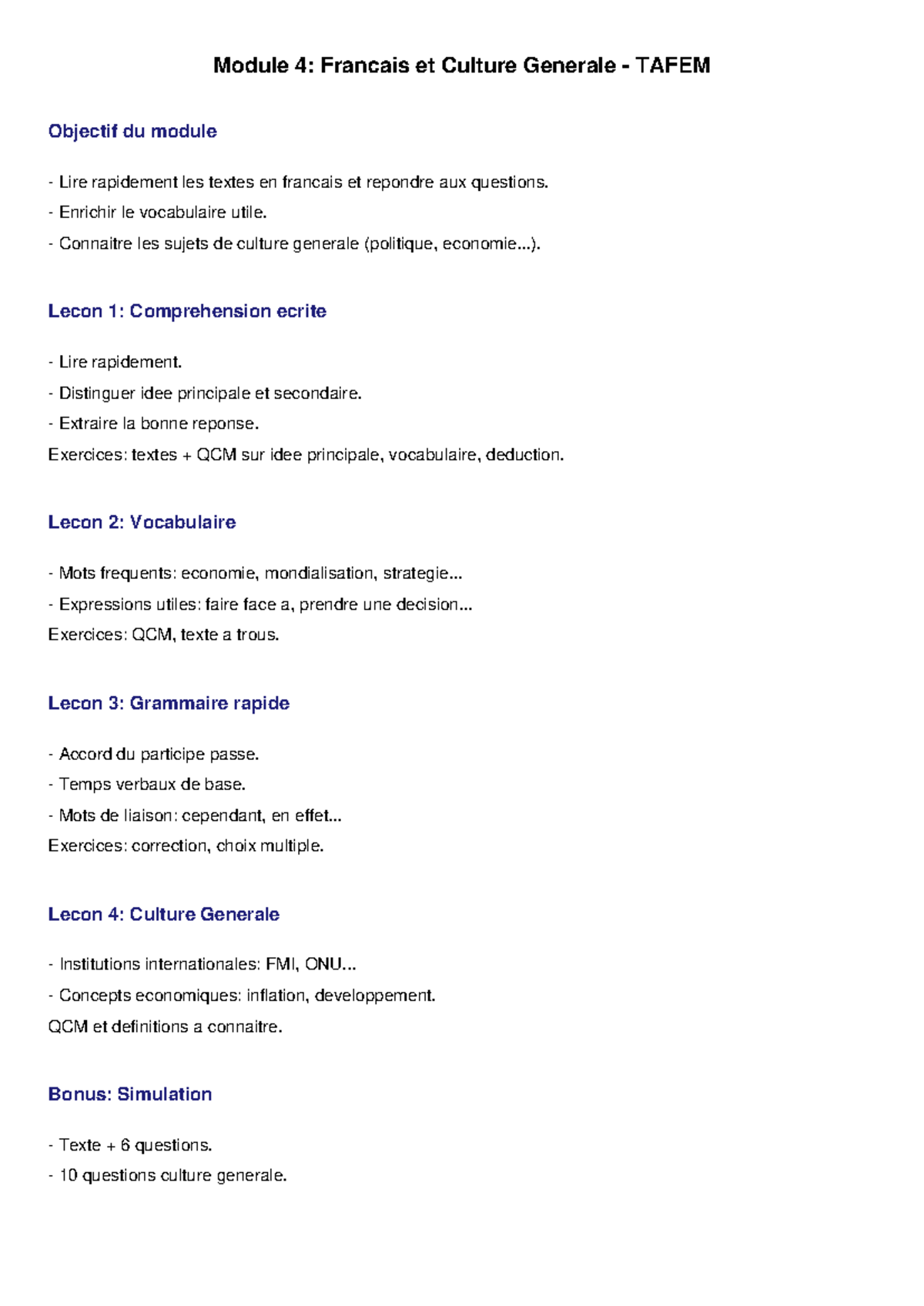 Module 4: Français et Culture Générale TAFEM - Lecture et Vocabulaire ...