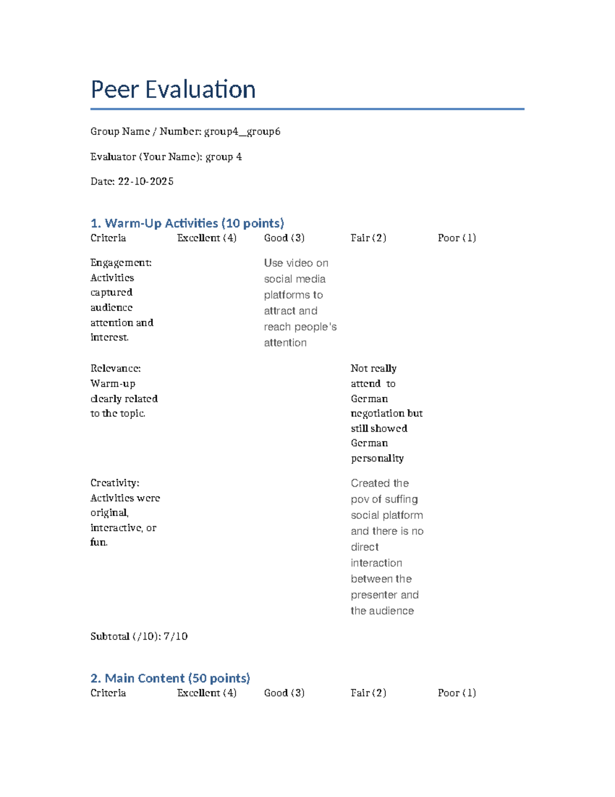 Peer Evaluation for Group 4 & Group 6 Presentation - Studocu