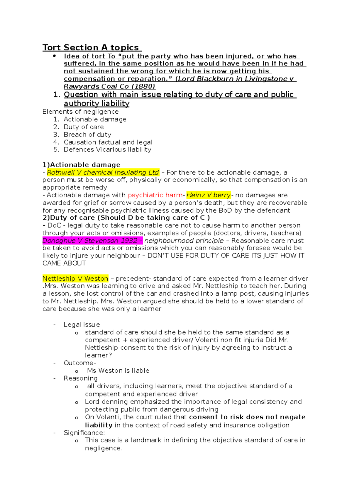 Tort Law Exam Notes: Duty of Care, Negligence & Liability Concepts ...