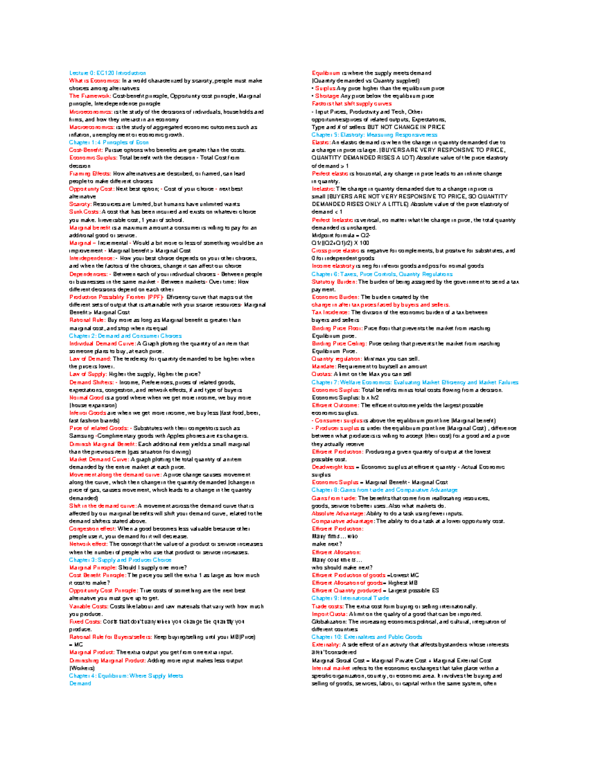 Econ Cheat Sheet: EC120 Lecture Notes on Economic Principles and ...