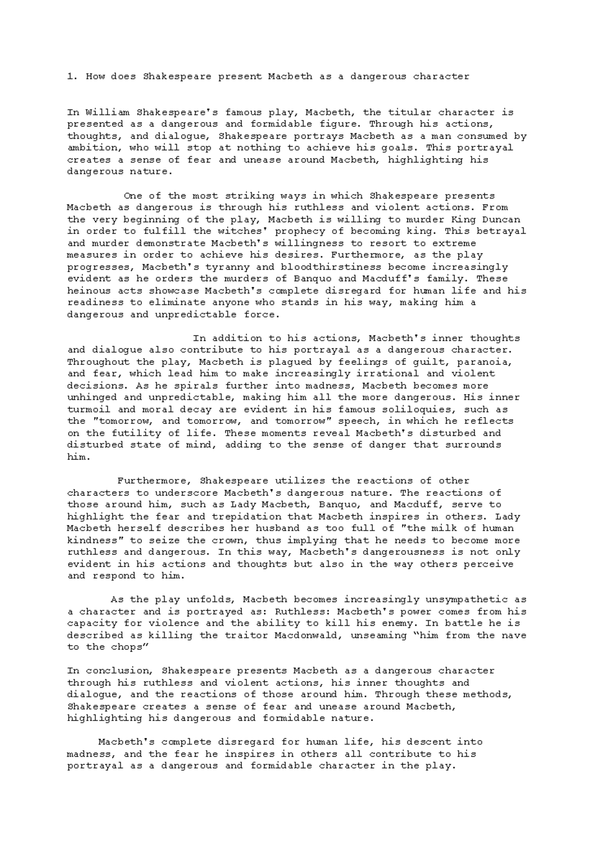 ENG 101 Essay: Macbeth's Dangerous Character in Shakespeare's Play ...