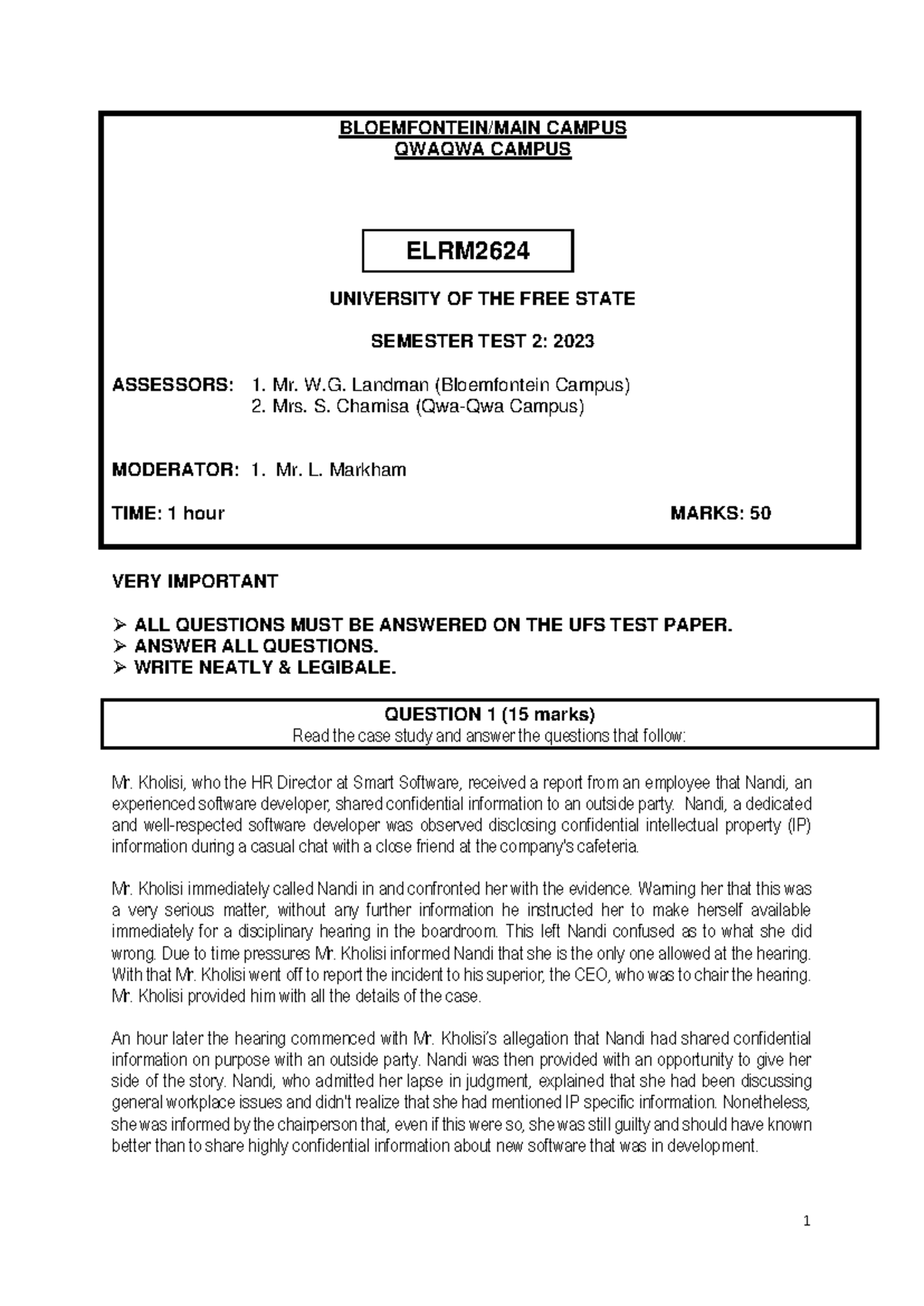 ELRM2624 Semester Test 2: 2023 Case Study Analysis and Memo - Studocu