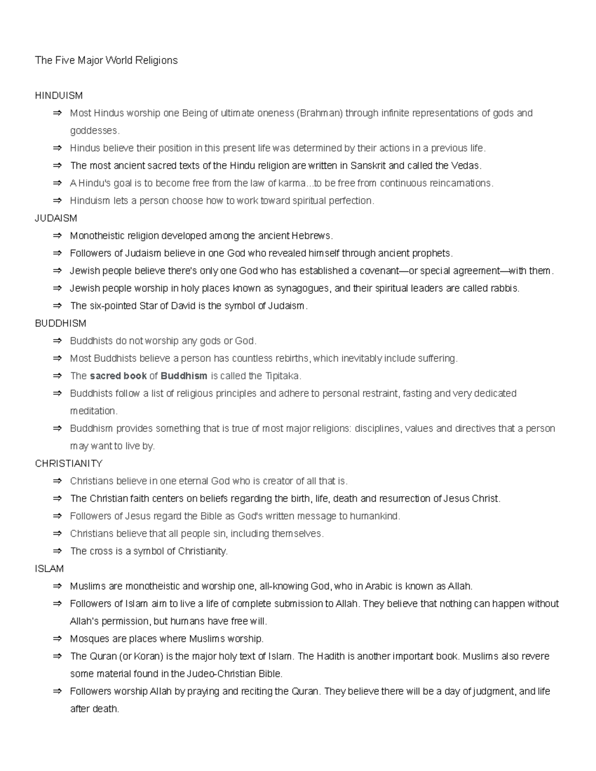 Five Major Religions - BRIEF SUMMARY of Characteristics (Hinduism-Islam ...