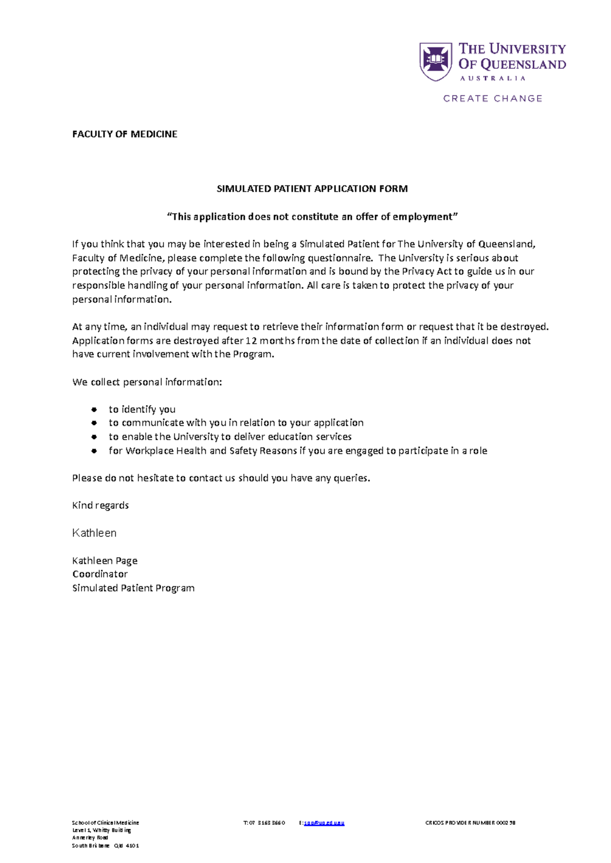 UQ - SP questionnaire 2024 - FACULTY OF MEDICINE SIMULATED PATIENT ...