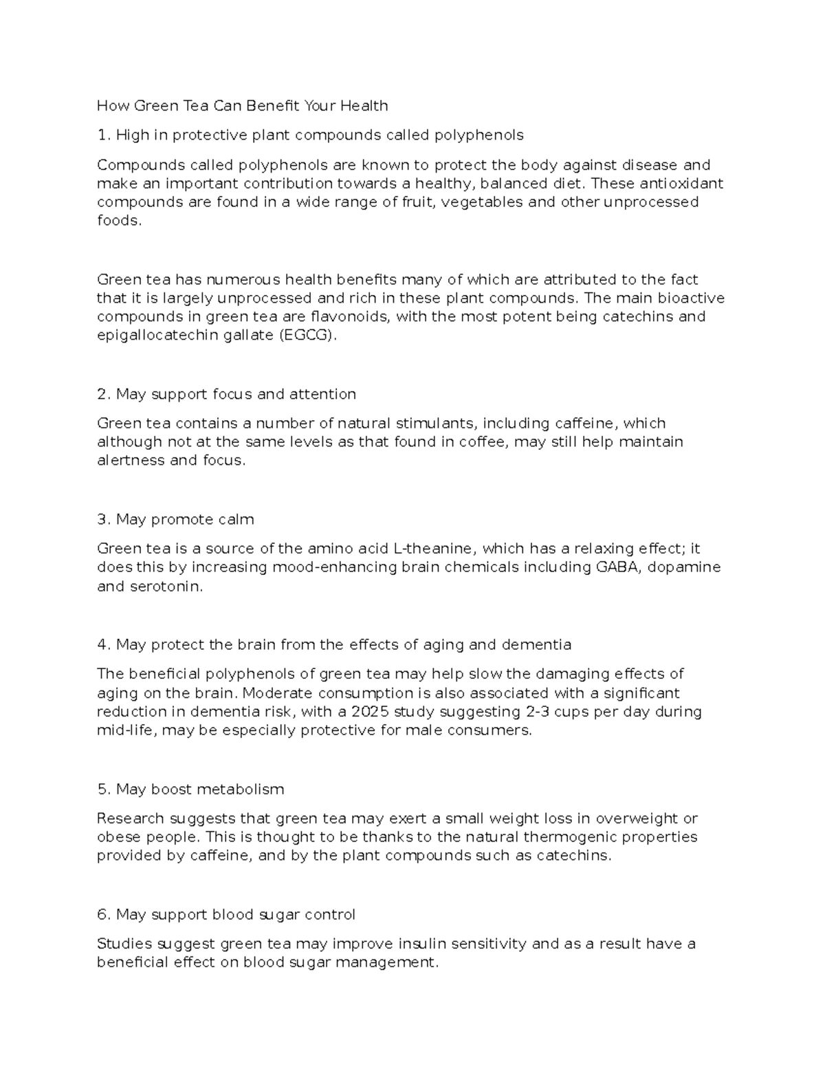Health Benefits of Green Tea: A Comprehensive Overview - Studocu