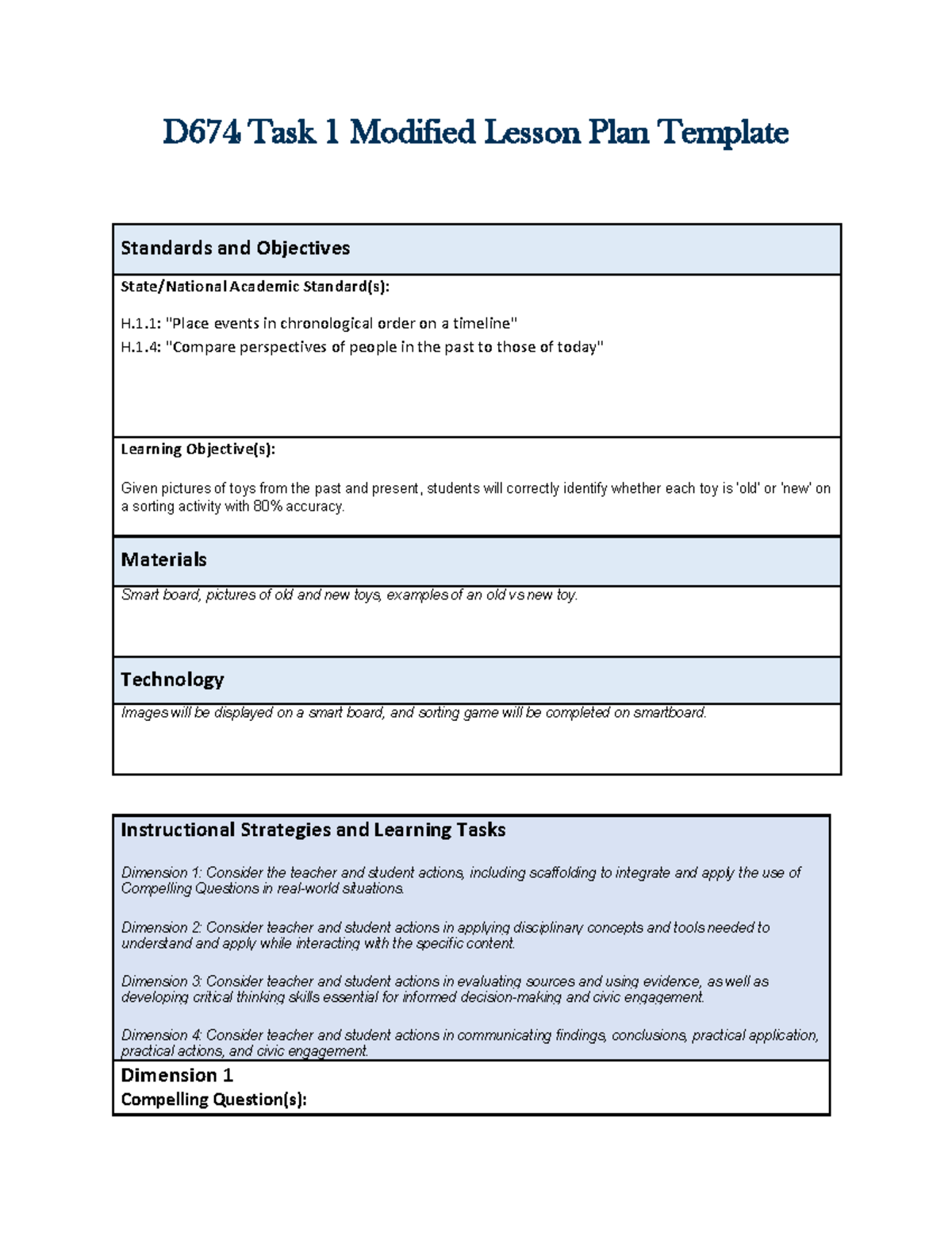 D674 Task 1: Modified Lesson Plan on Toy Evolution and History - Studocu