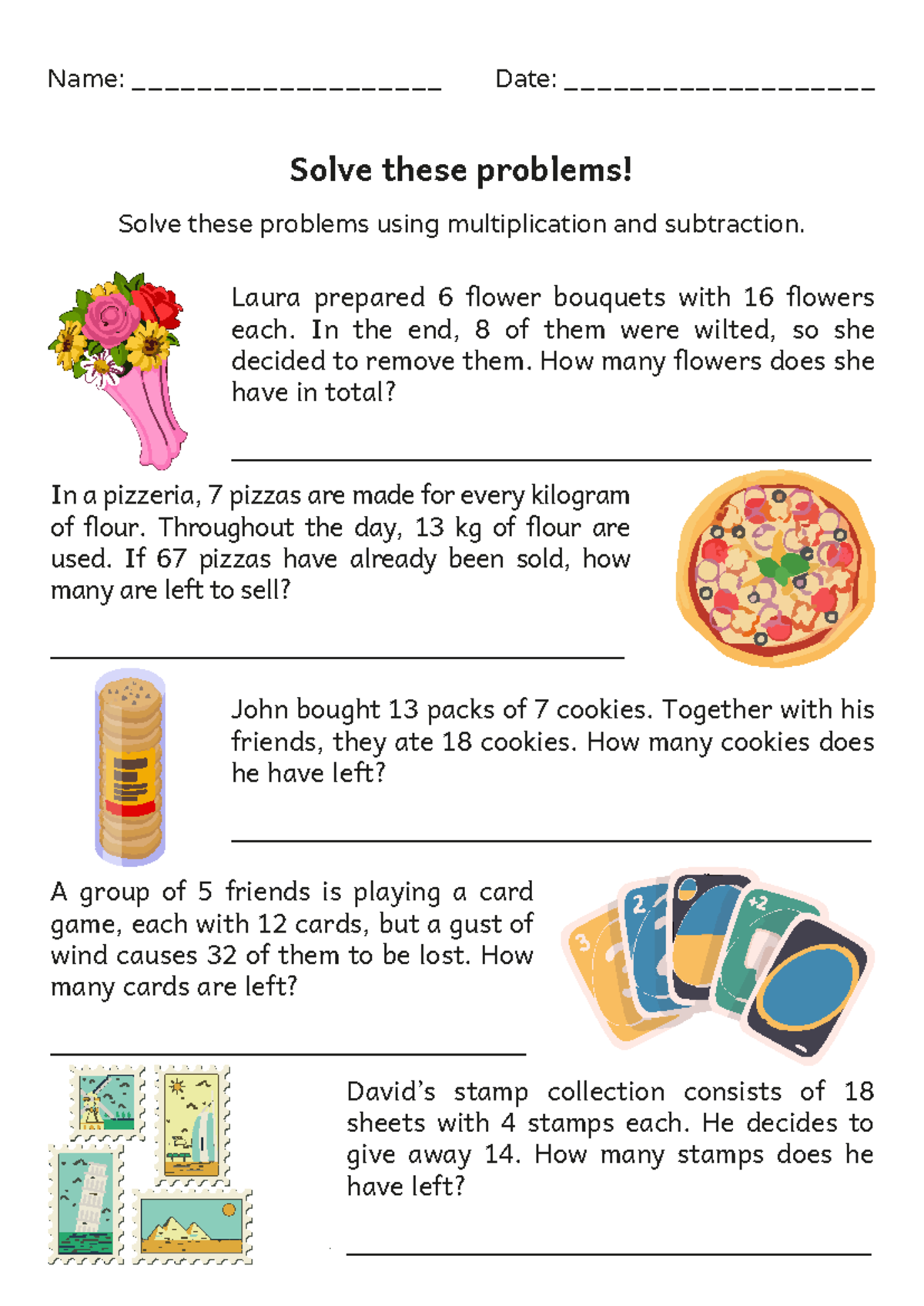 Multiplication and Subtraction Word Problems - 3rd Grade Worksheet ...