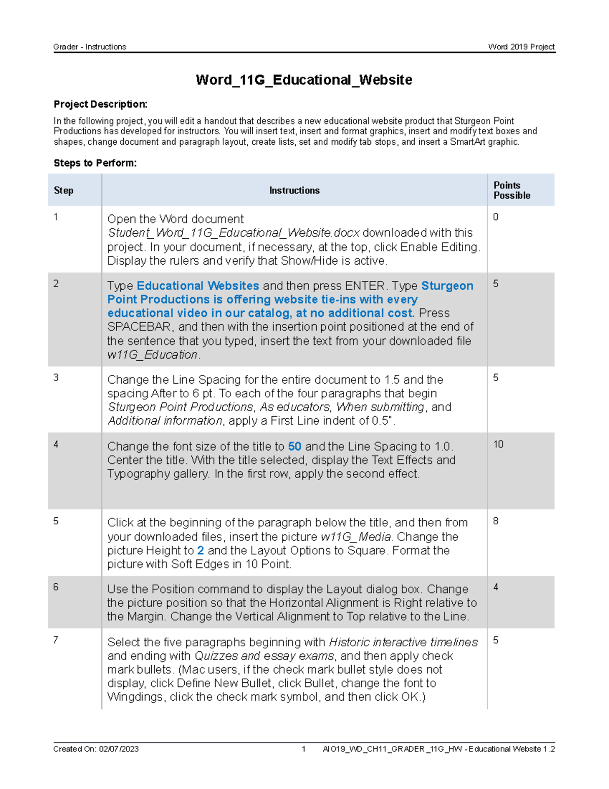Word 11G Project: Grader Instructions for Educational Website Creation ...