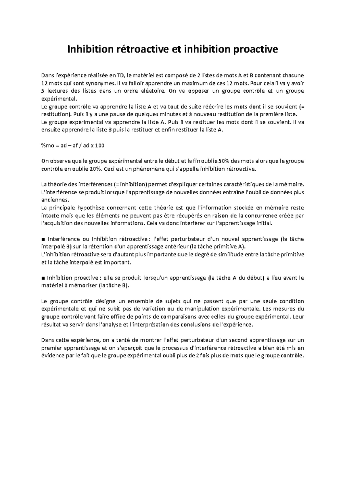 Inhibition rétroactive et inhibition proactive - Inhibition et ...