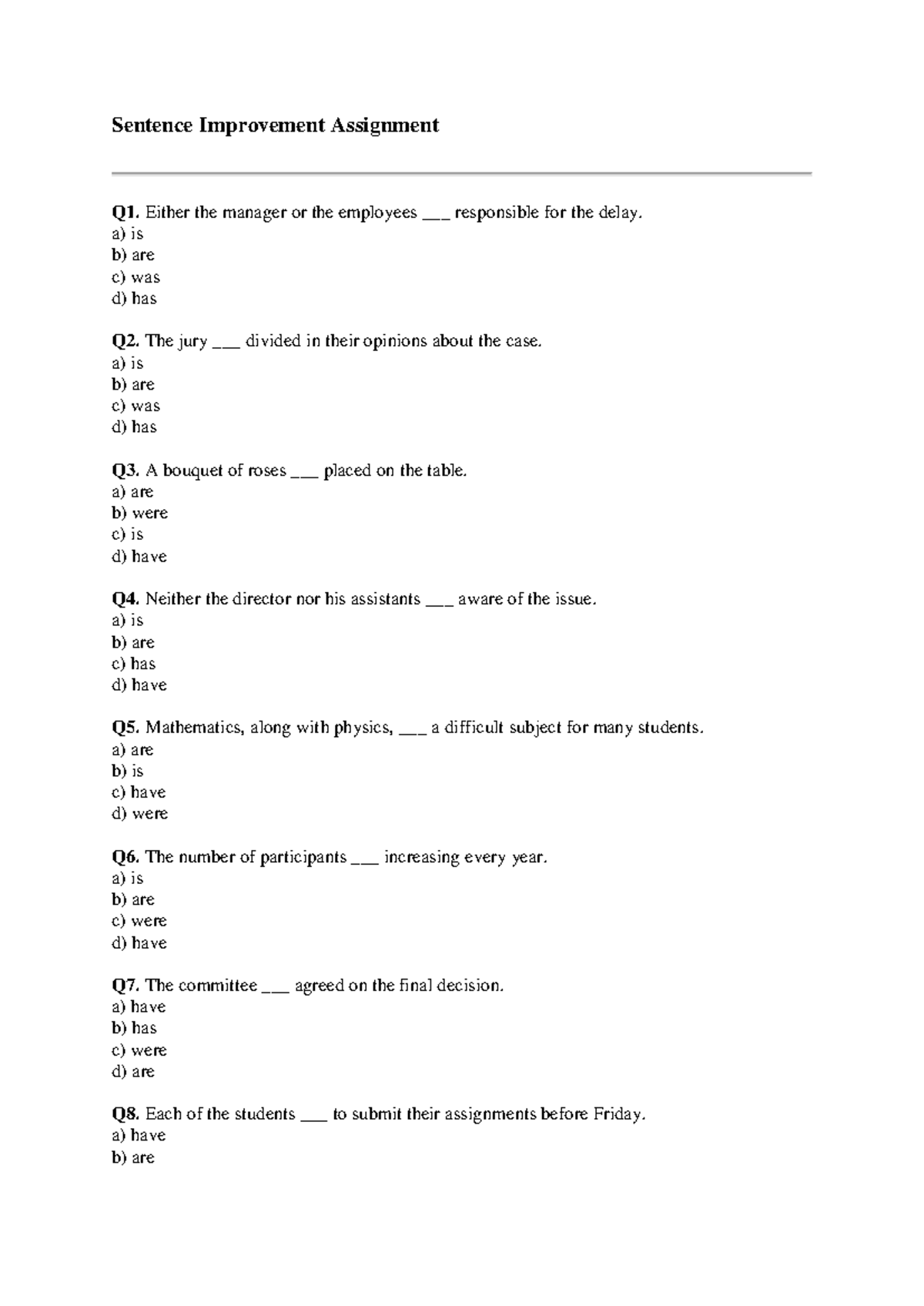 Sentence Improvement Practice Questions for English Language Skills ...