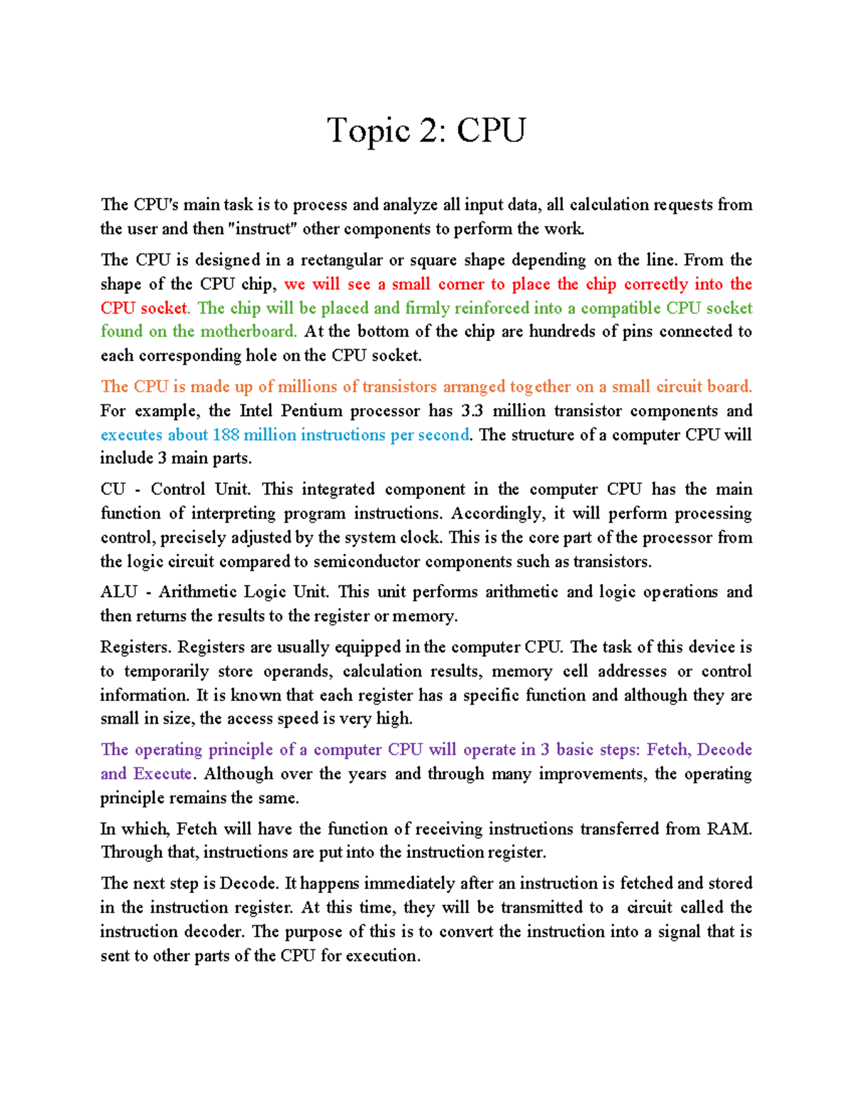 Topic 2: CPU Architecture and Functionality Overview - Studocu