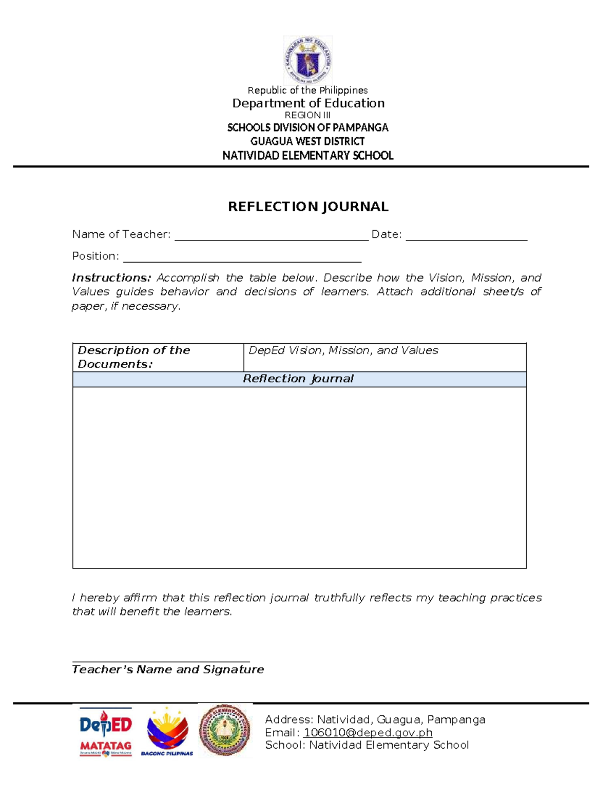 Reflection Journal Template: DepEd Vision, Mission & Values - Studocu