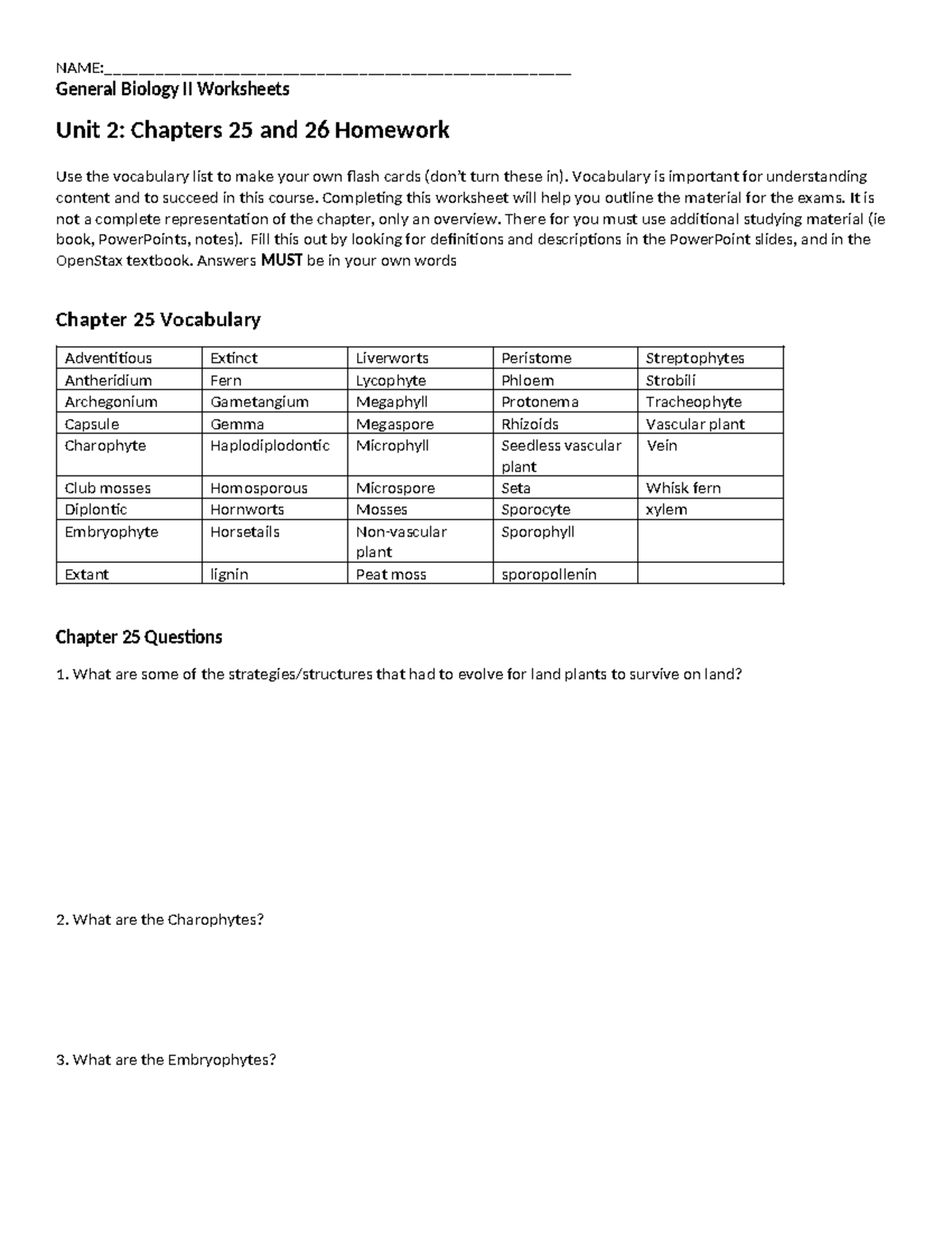 General Biology II Unit 2 Worksheets: Chapters 25 & 26 Vocabulary and ...