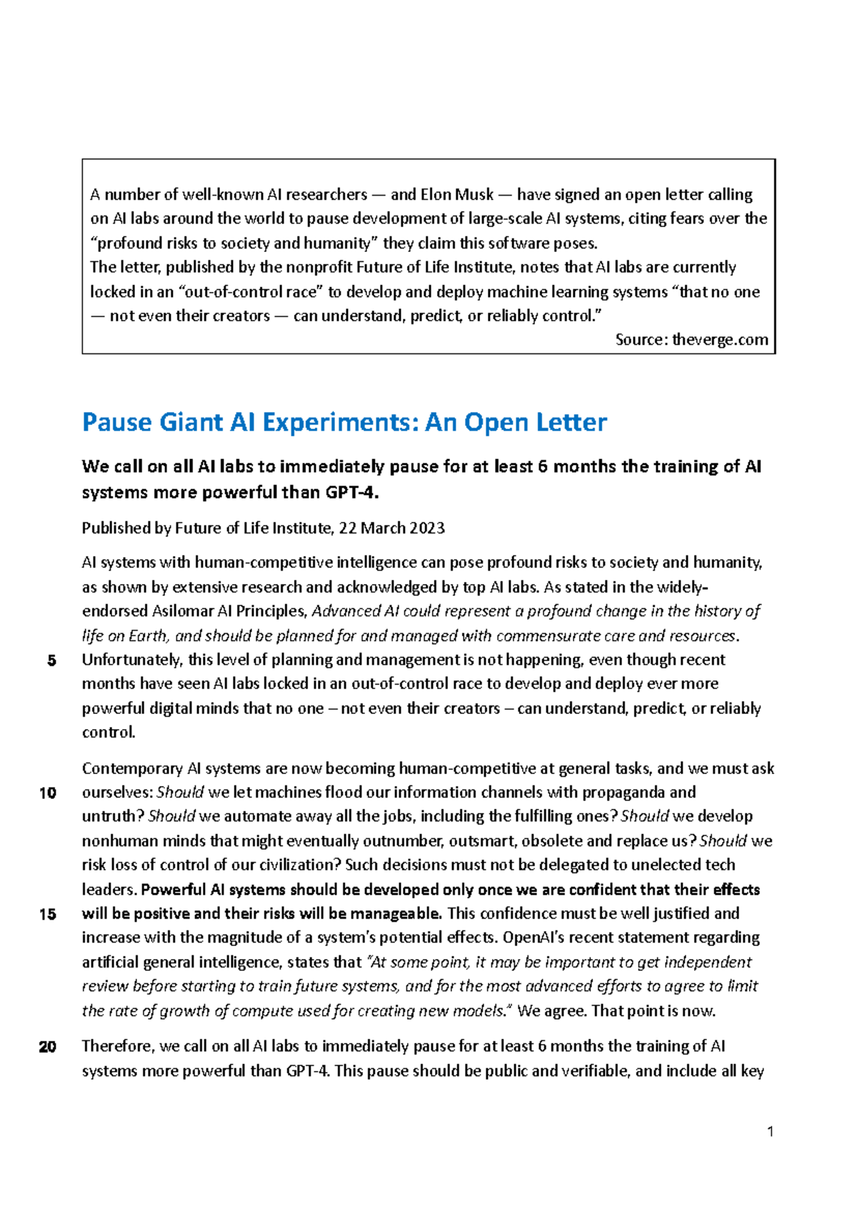 Open Letter on AI Development Pause - AI-24322 - Studocu