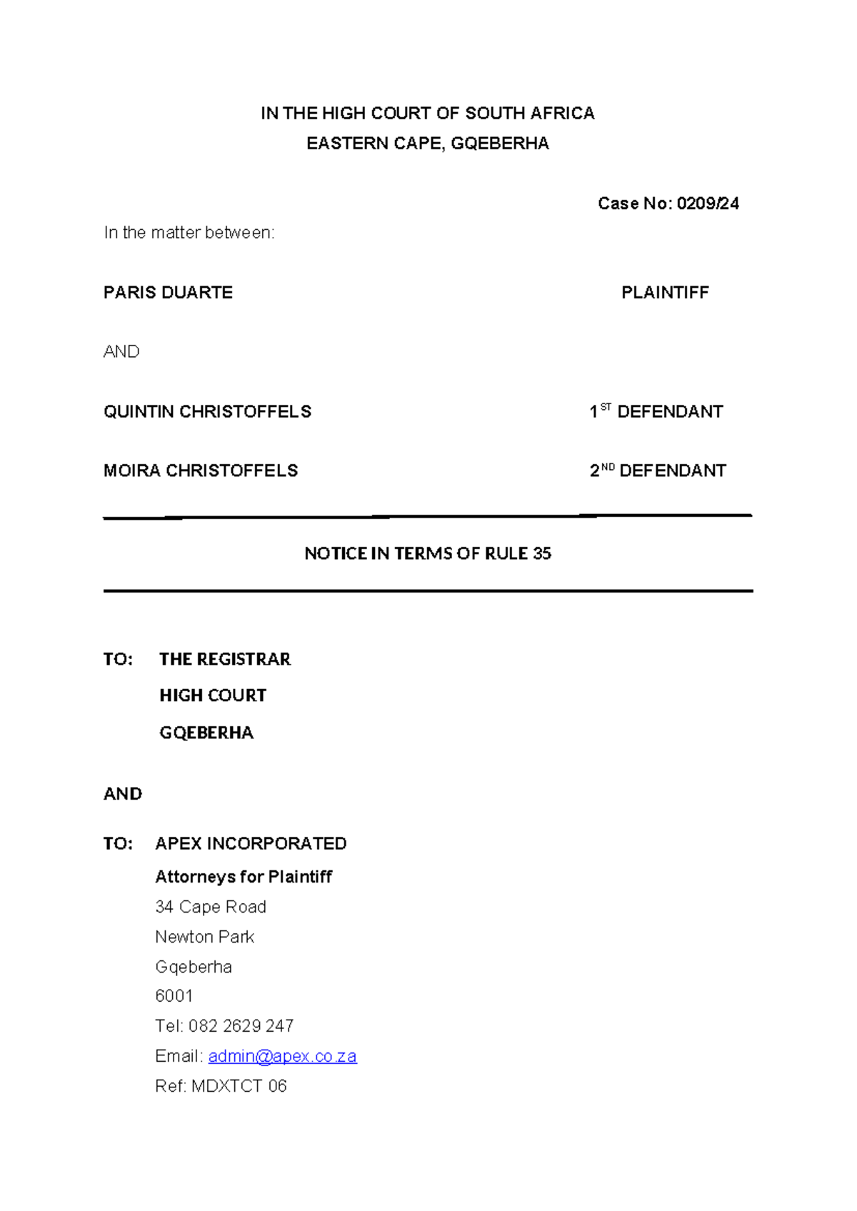 Notice in Terms of Rule 35 - Discovery Affidavit (Case No: 0209) - Studocu