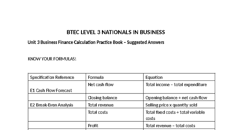 BTEC Level 3 Business Unit 3 Finance Calculation Practice Answers - Studocu
