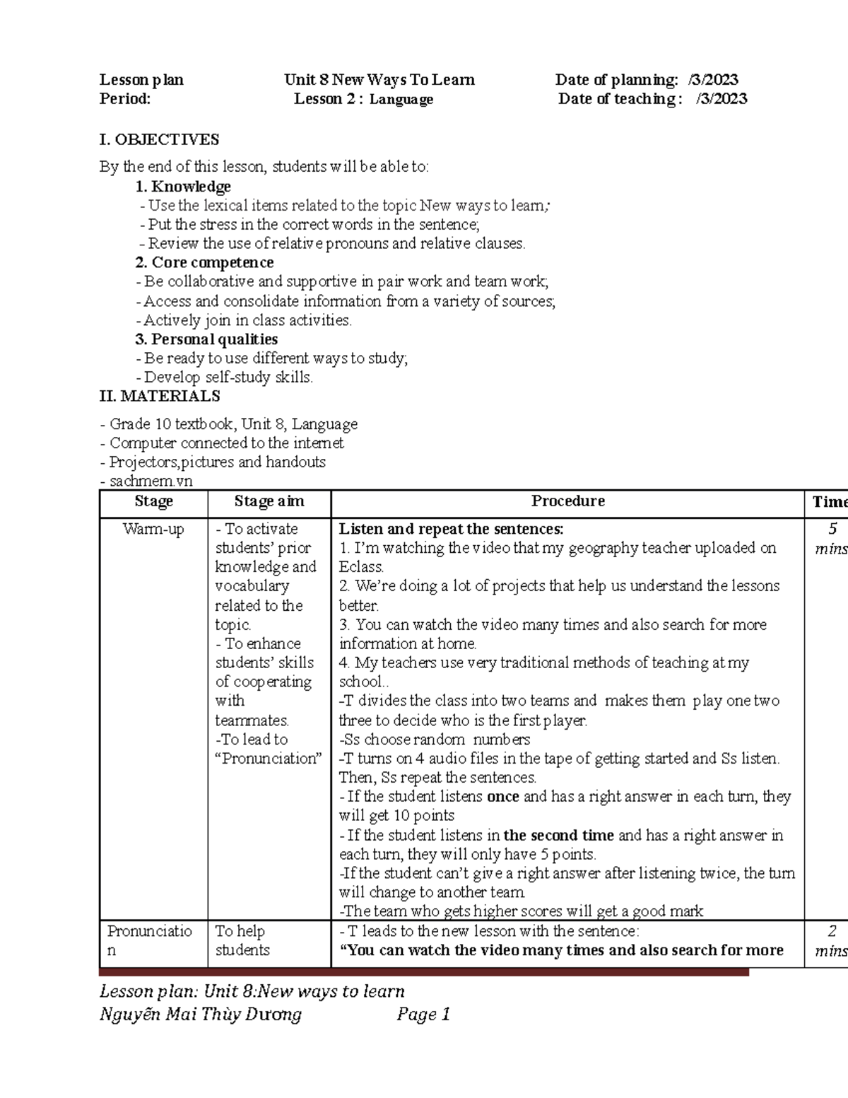 Unit 8 Language Lesson Plan: New Ways to Learn for Grade 10 - Studocu