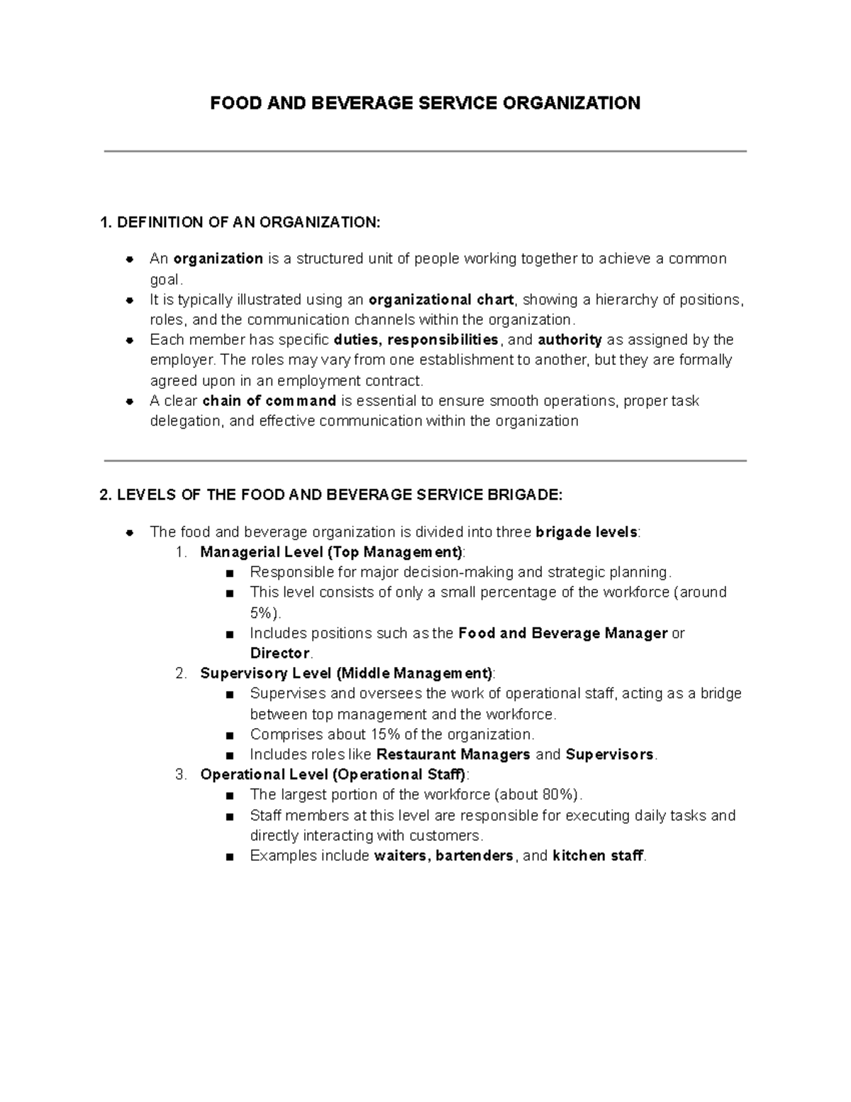 FSO-L2 ( Organization) - FOOD AND BEVERAGE SERVICE ORGANIZATION 1 ...