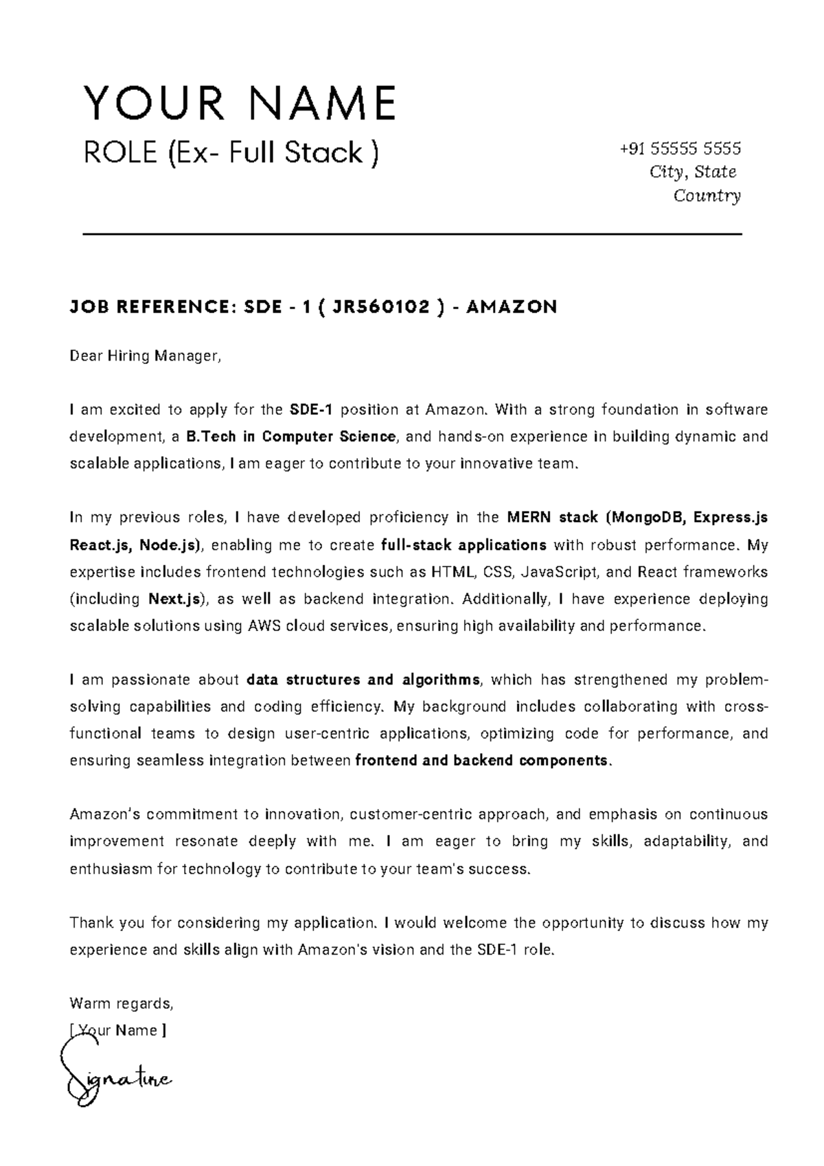 SDE-1 Cover Letter for Amazon Application (JR560102) - Studocu