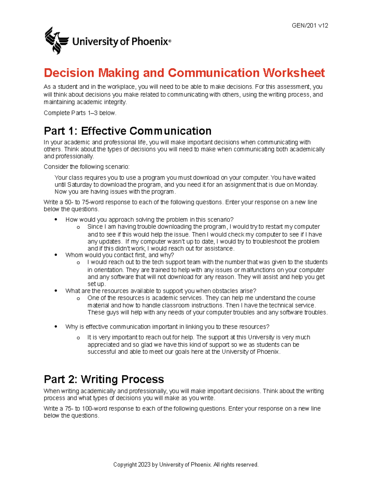Week 3 Assignment - Decision Making & Communication GEN/201 v - Studocu