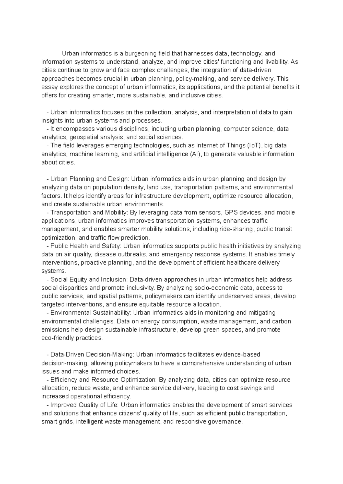 Urban Informatics: Enhancing City Livability & Functionality - Studocu