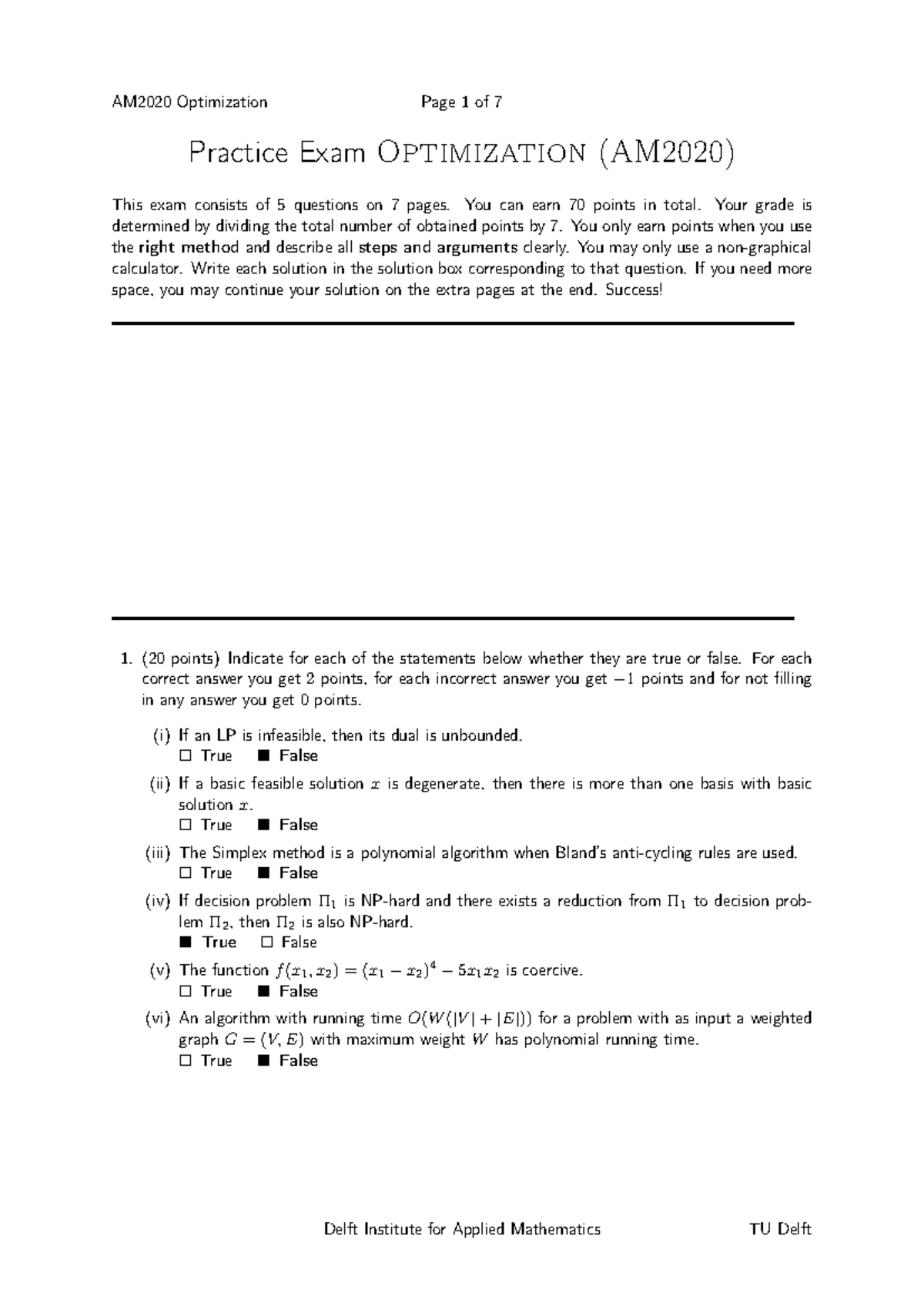 AM2020 Optimization Practice Exam Solutions and Key Concepts - Studeersnel