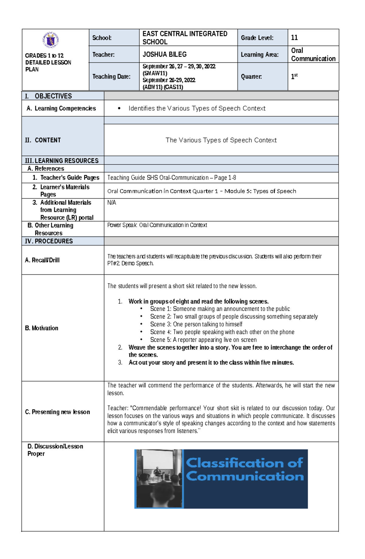 Detailed Lesson Plan for Oral Communication (Grade 11) - (SMAW11, ABM11 ...