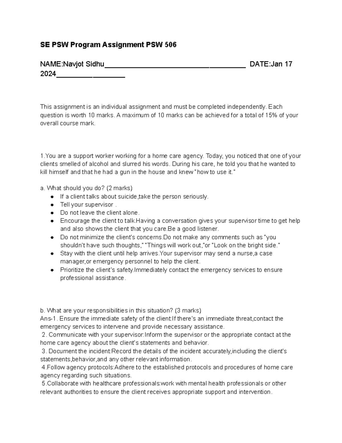PSW 506 - Assignment on Client Safety and Ethical Standards - Studocu