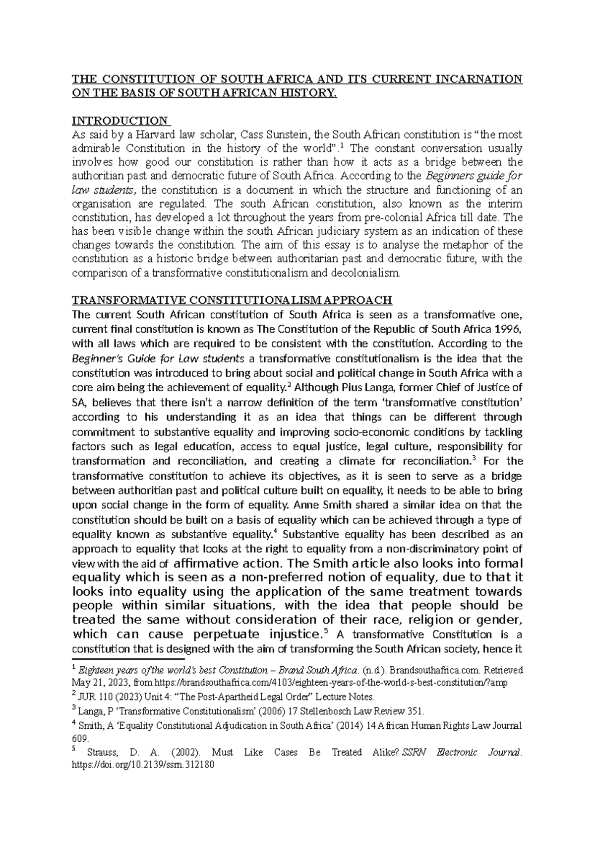 JUR 110 Essay: The South African Constitution as a Bridge to Democracy ...