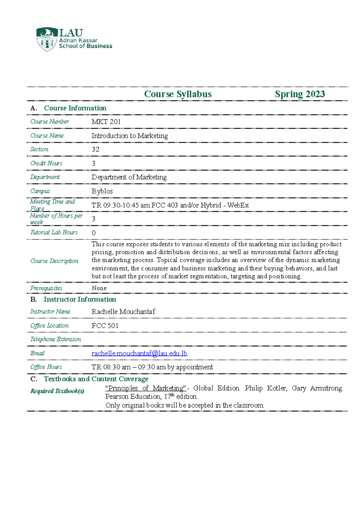 MKT 201 Syllabus - Introduction to Marketing Spring 2023 Sec 32 - Studocu