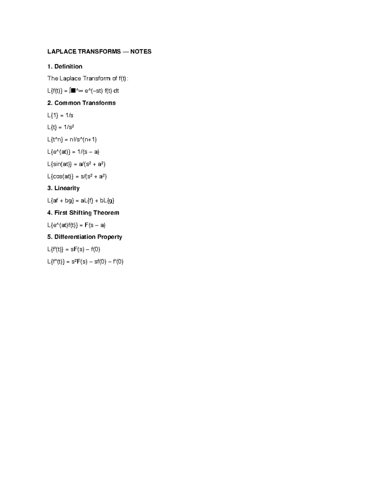 LAPLACE TRANSFORMS NOTES: Key Concepts and Properties - Studocu