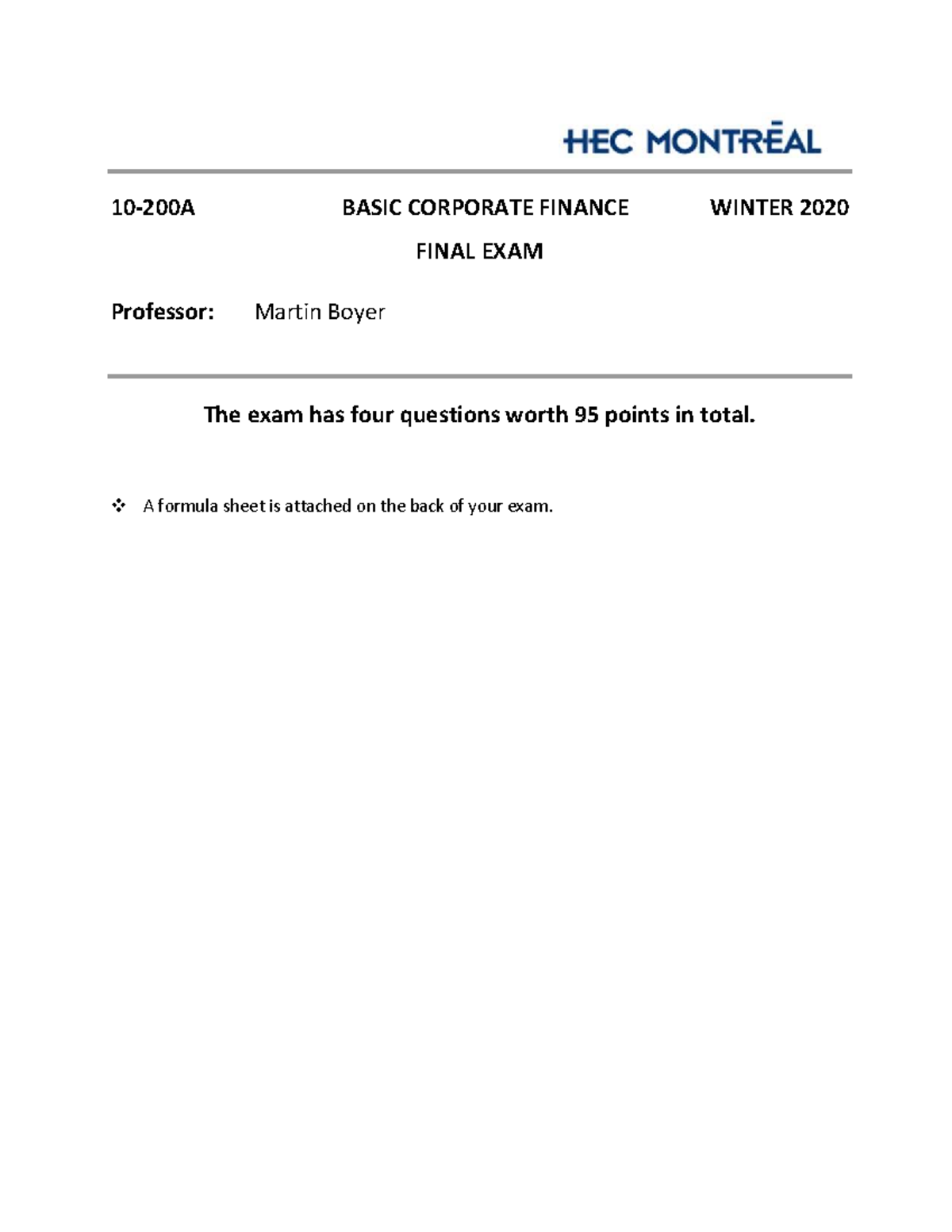 BASIC CORPORATE FINANCE WINTER 2020 FINAL EXAM REVIEW - Studocu