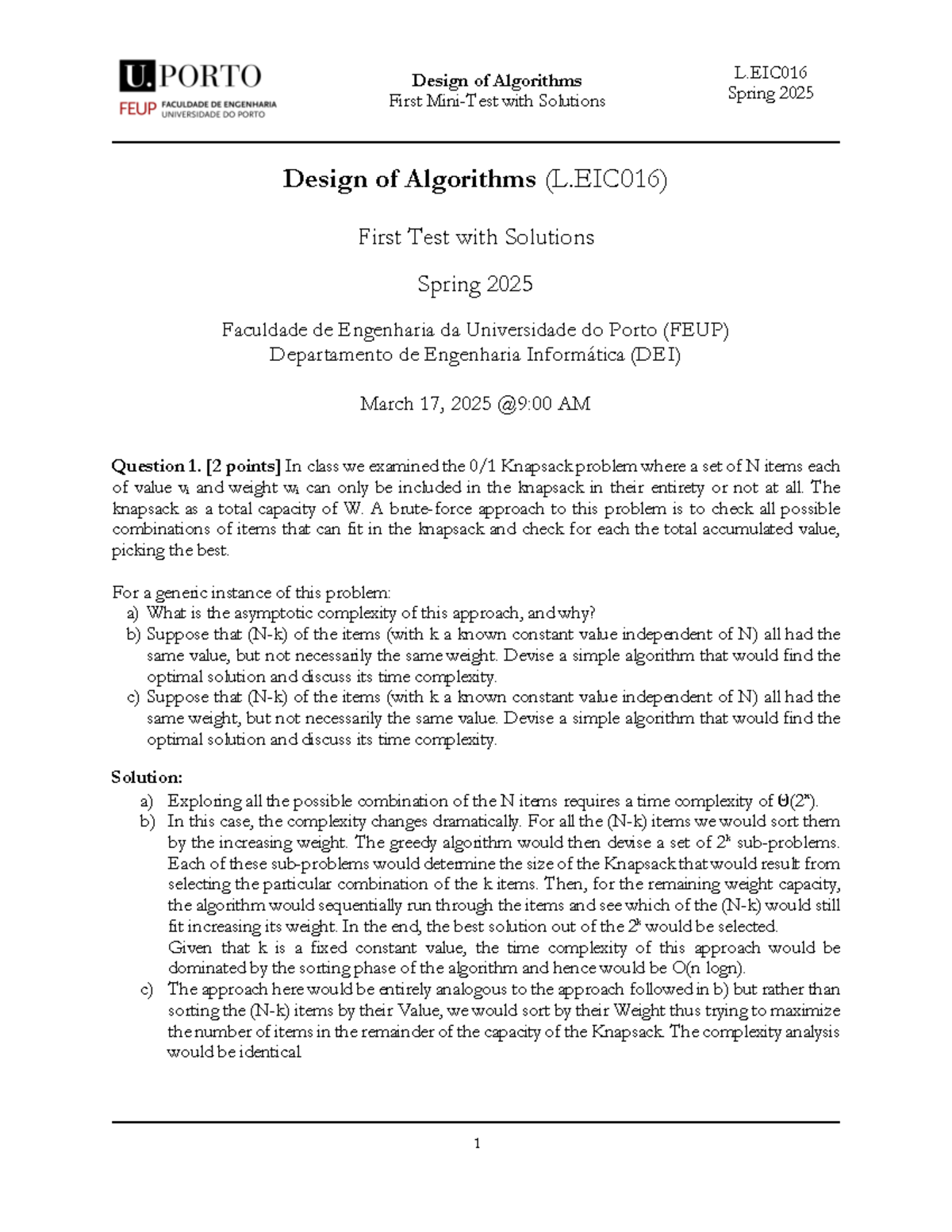 Design of Algorithms First Mini Test Solutions L.EIC016 Spring 2025 ...