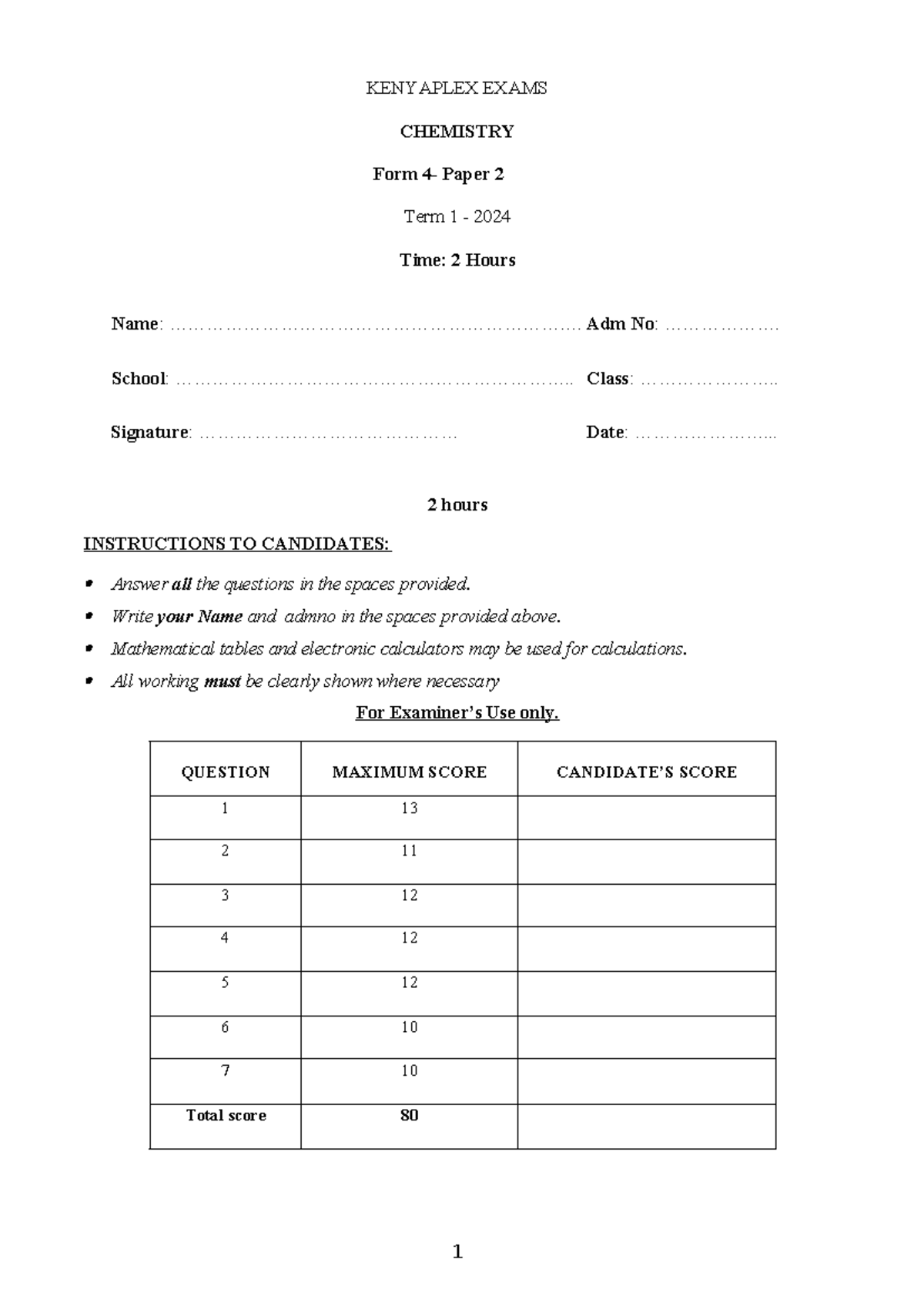2260 - Form 4 Chemistry Paper 2 Term 1 Exam 2024 - Studocu