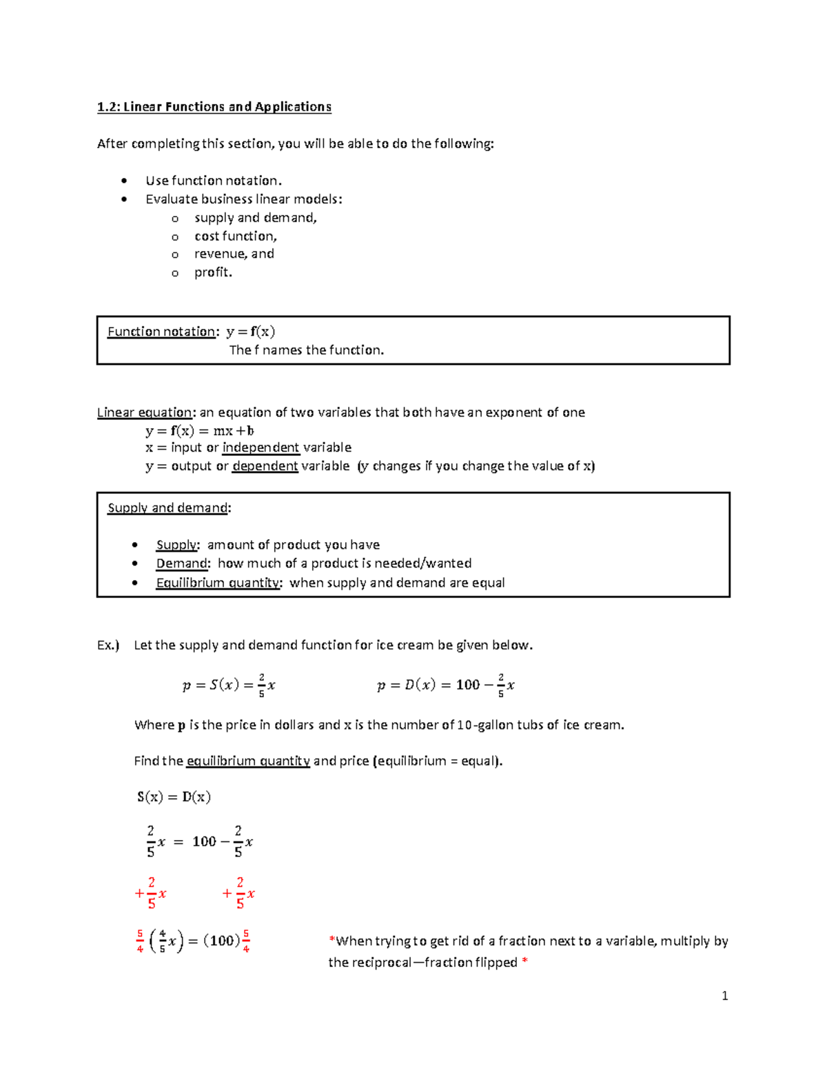 Linear Functions lecture notes by teacher - 1: Linear Functions and ...