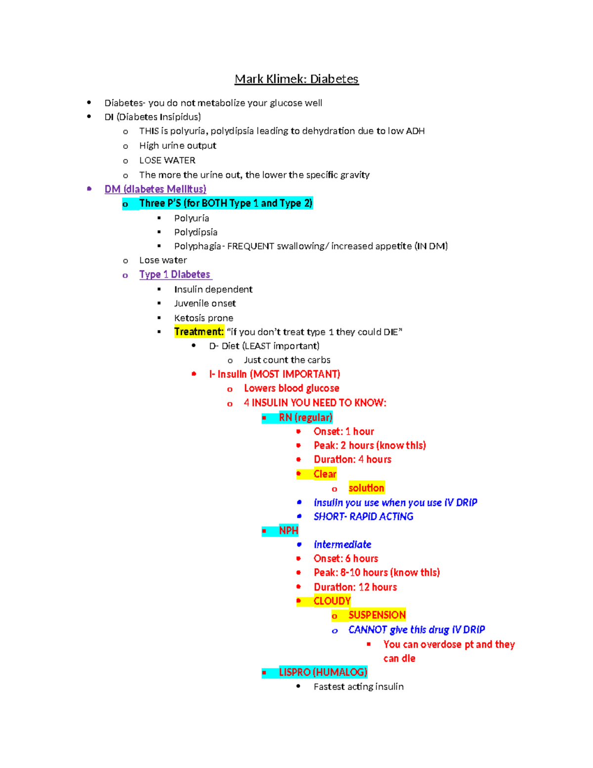 Mark Klimek: NCLEX Prep Notes on Diabetes (DM & DI) - Studocu