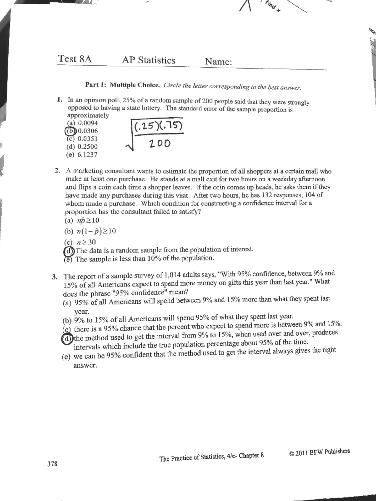Prep for test 8 - Prep for test 8 - Test 8A AP Statistics Name: Part 1 ...