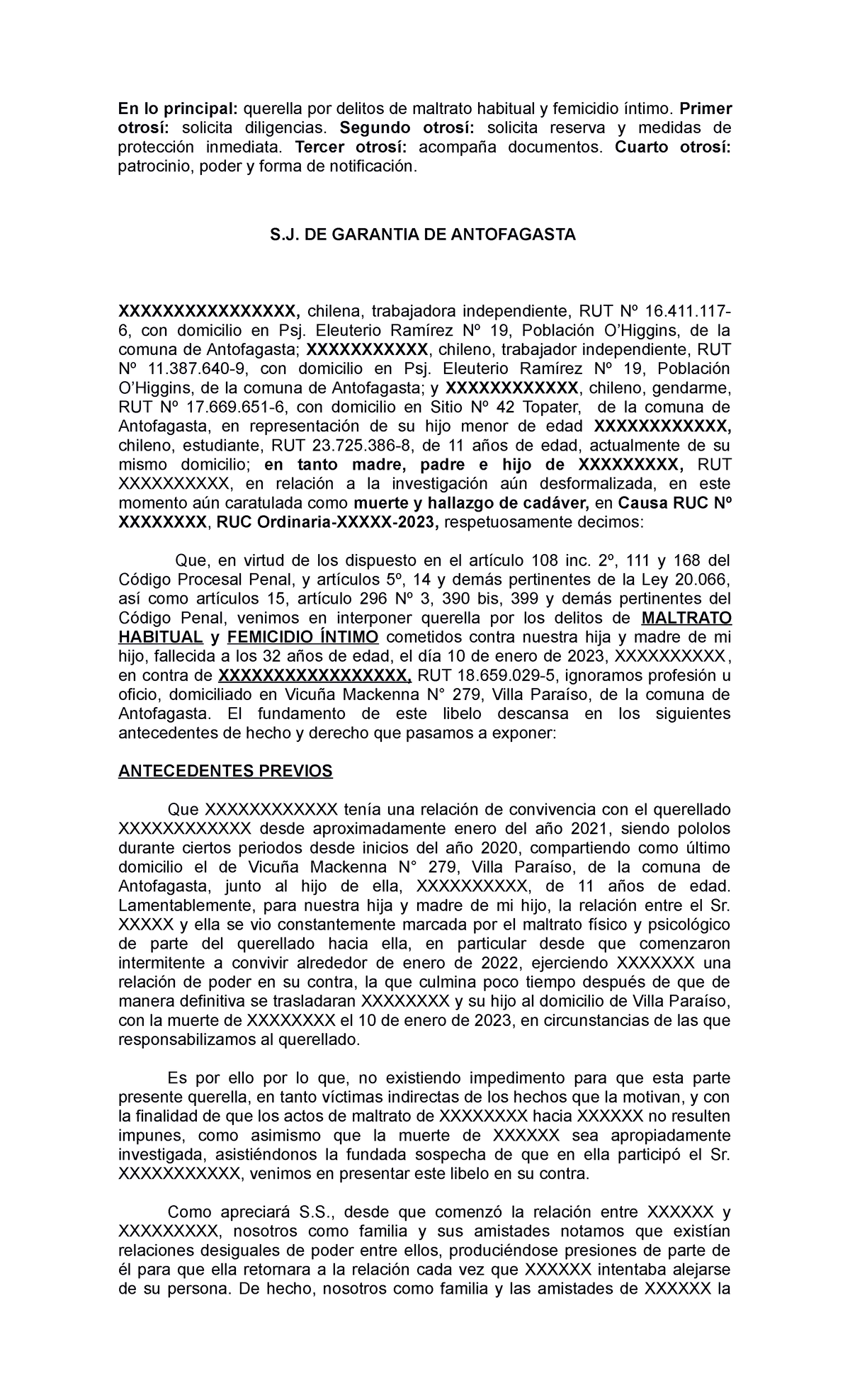 Querella por Maltrato Habitual y Femicidio Íntimo - Modelo Legal - Studocu