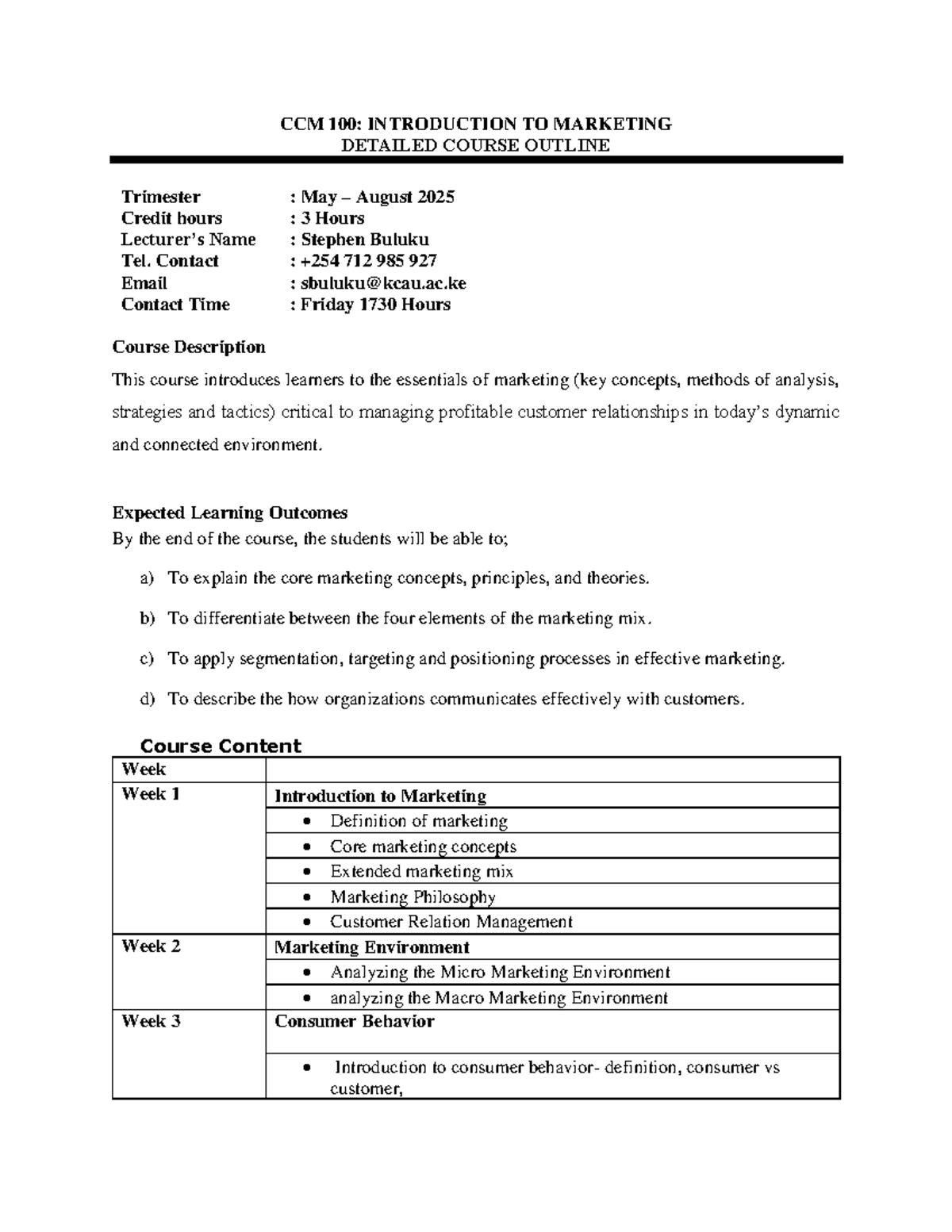 CCM 100: INTRODUCTION TO MARKETING DETAILED COURSE OUTLINE - Studocu